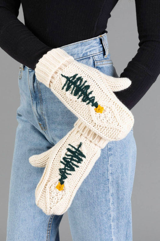 Beige Cable Knit Mittens w/ Embroidered Tree