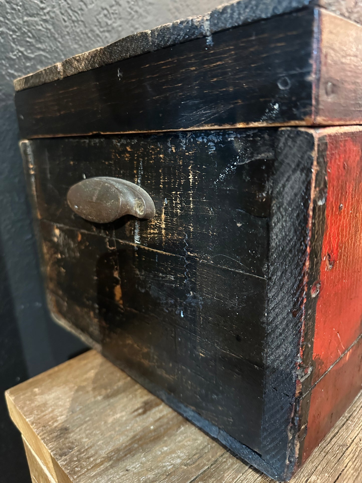 Primitive Handmade Wooden Box | Red Accents