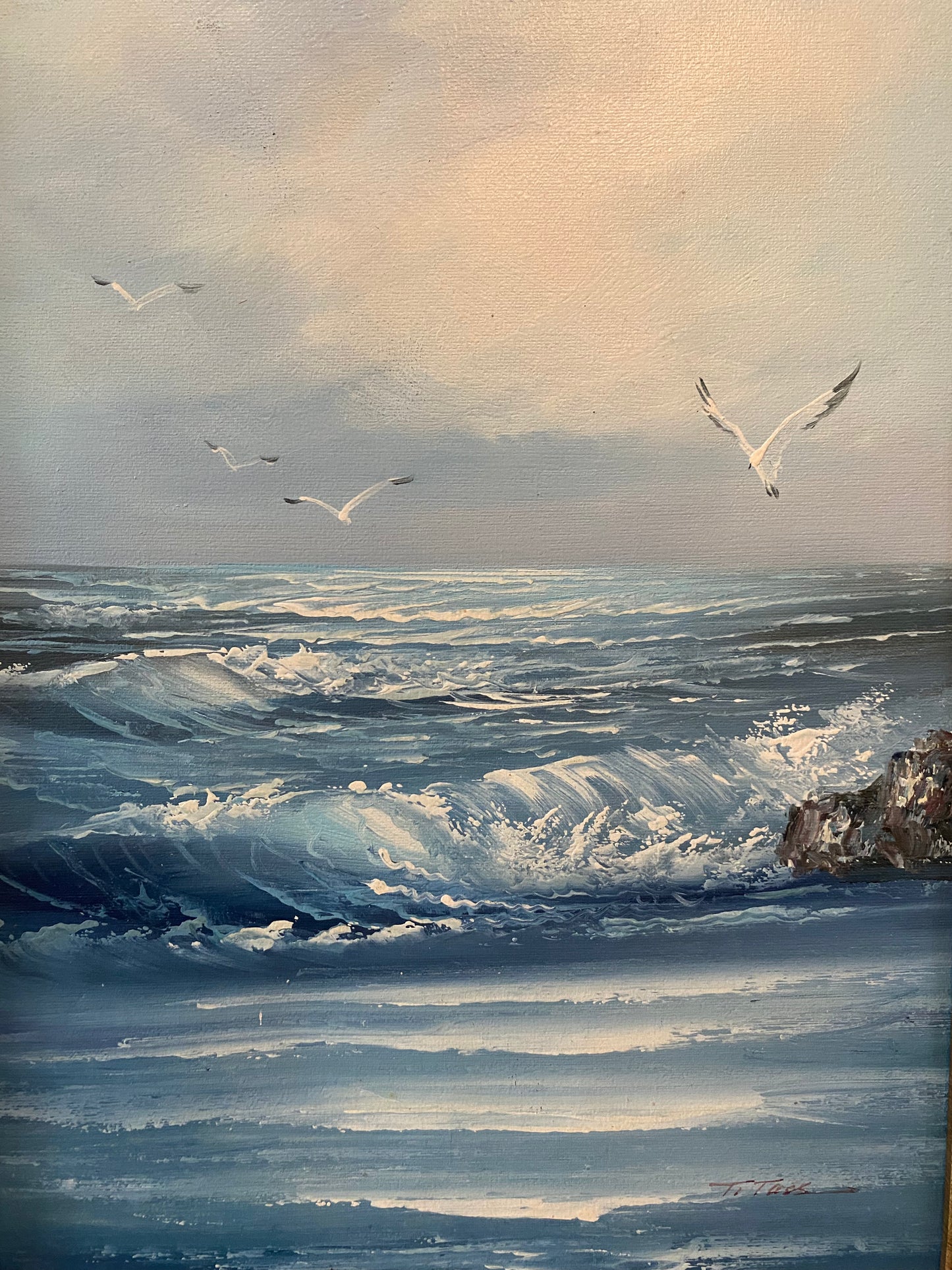 Vintage Oil Painting | Seagulls With Waves