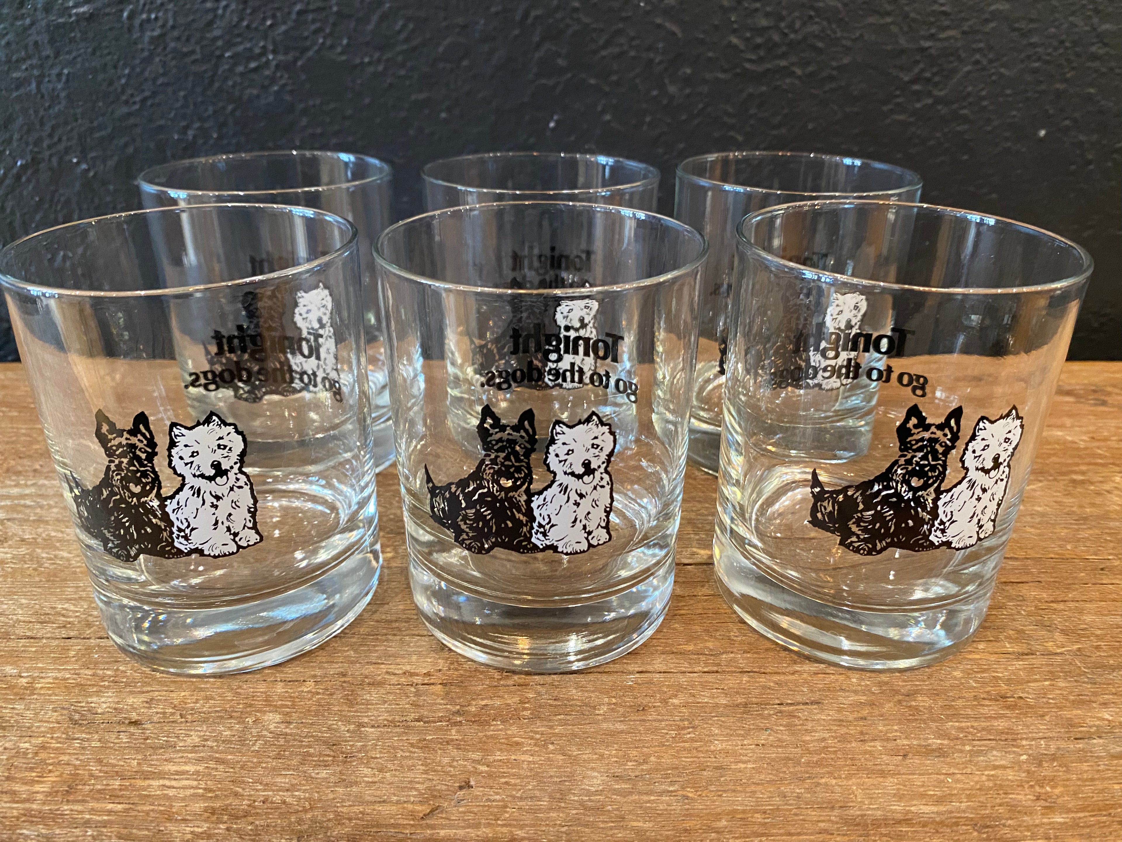 Vintage Black & White Whiskey Scottie Old Fashioned Glasses | Set of 6