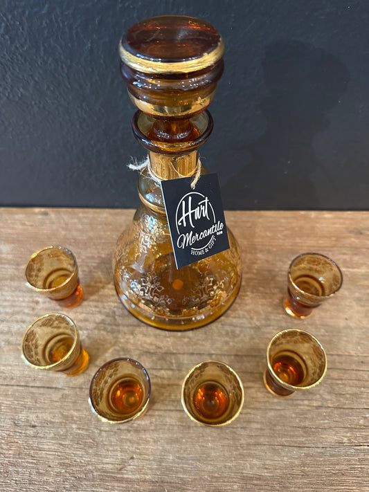 MCM Amber Decanter & Six Shot Glasses | Made In Italy