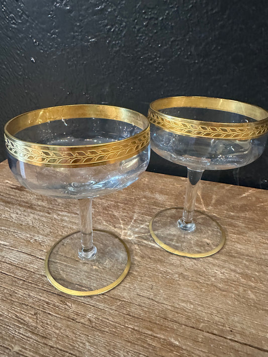 Vintage 24K Gold Rimmed Champagne Coupe Glasses | Pair