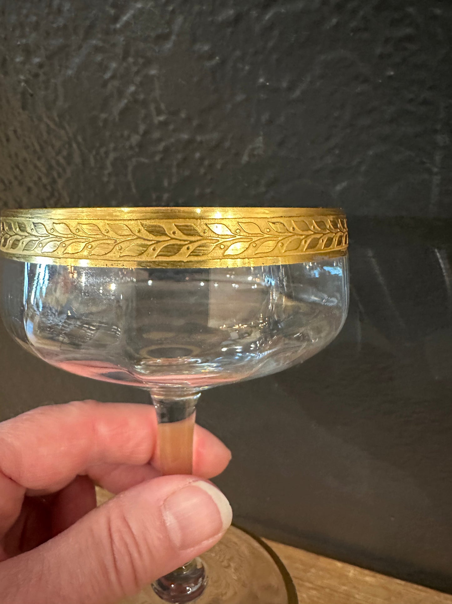 Vintage 24K Gold Rimmed Champagne Coupe Glasses | Pair