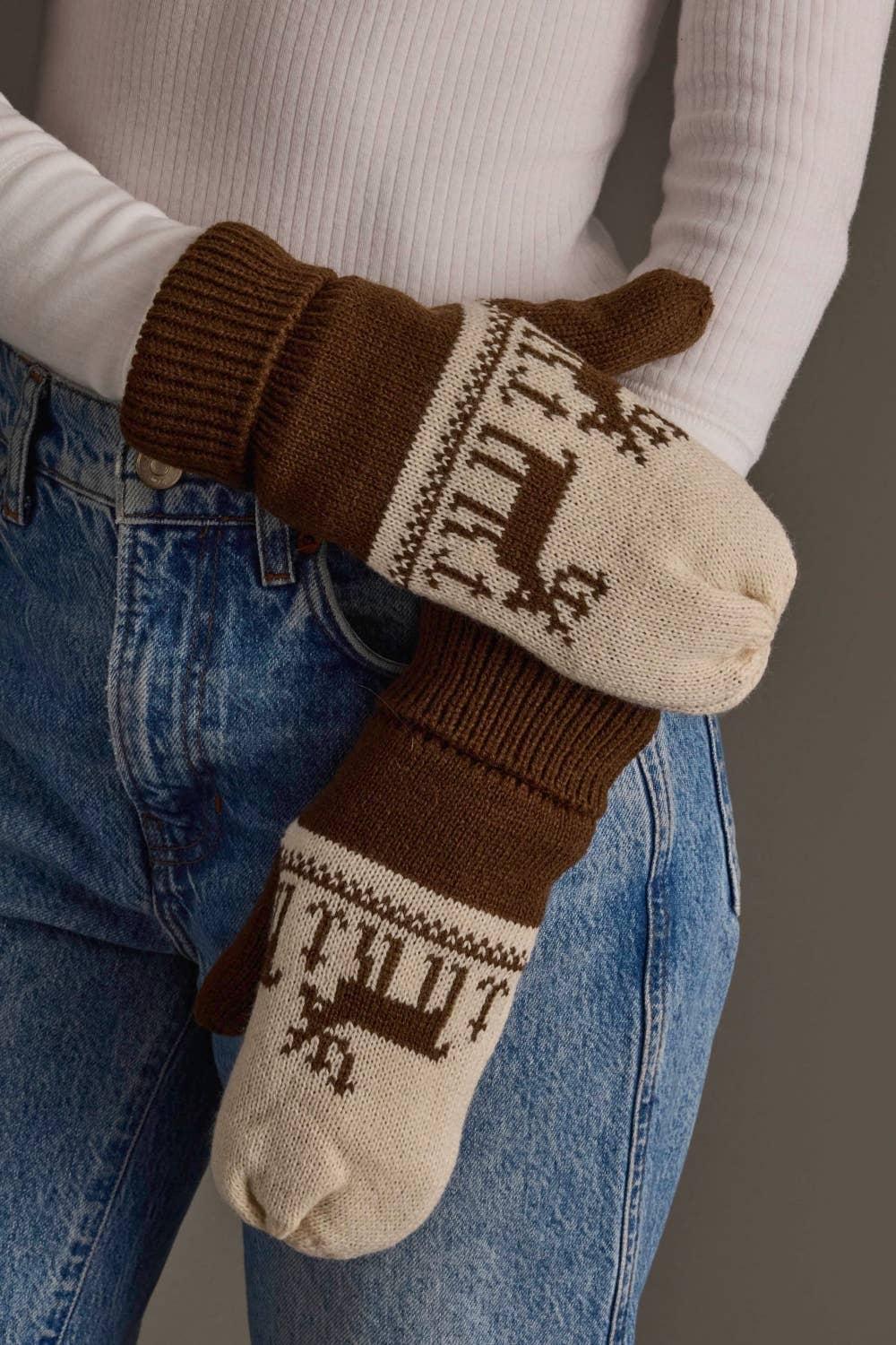 Brown & Beige Deer Patterned Mittens