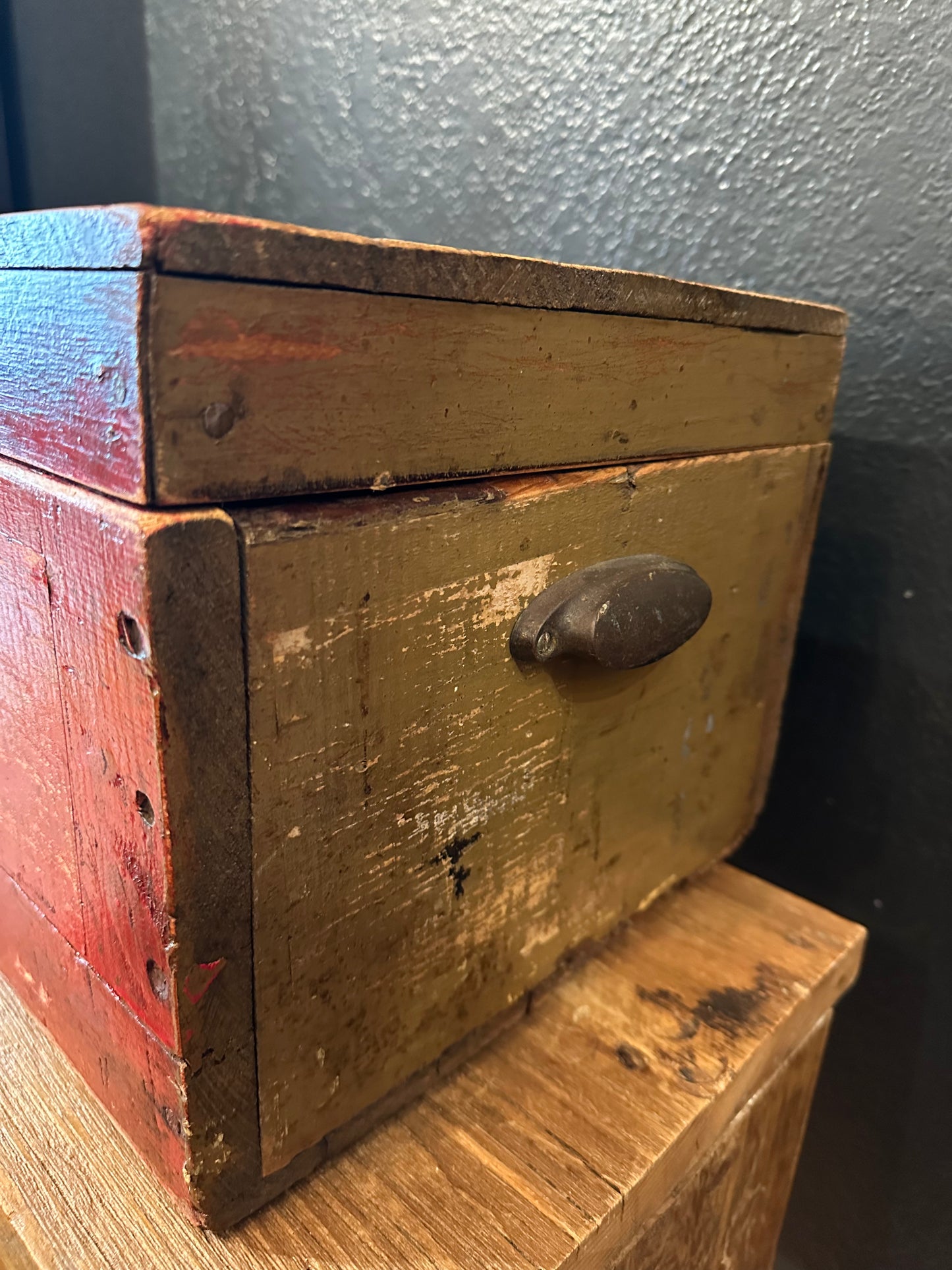 Primitive Handmade Wooden Box | Red Accents