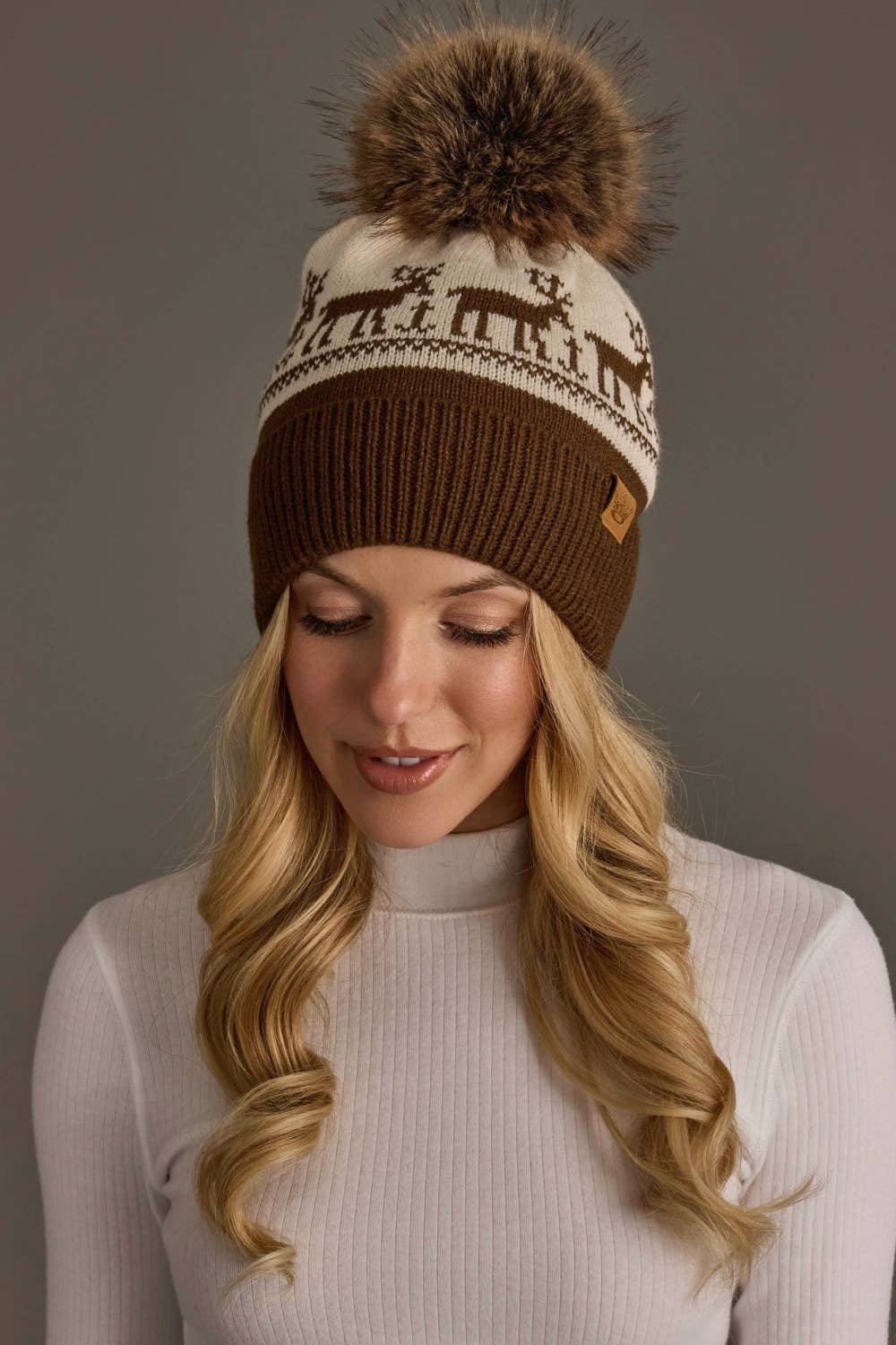 Brown & Beige Deer Patterned Pom Hat