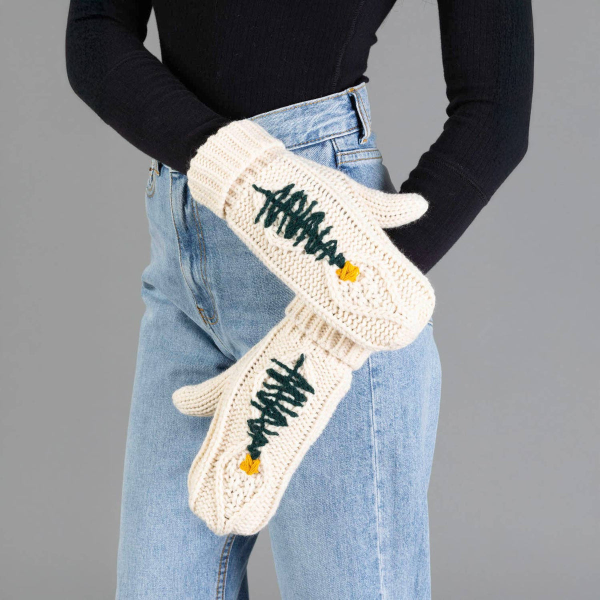 Beige Cable Knit Mittens w/ Embroidered Tree