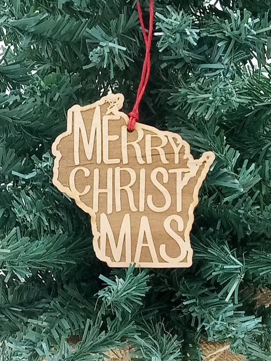 Merry Christmas Wisconsin Wood Ornament