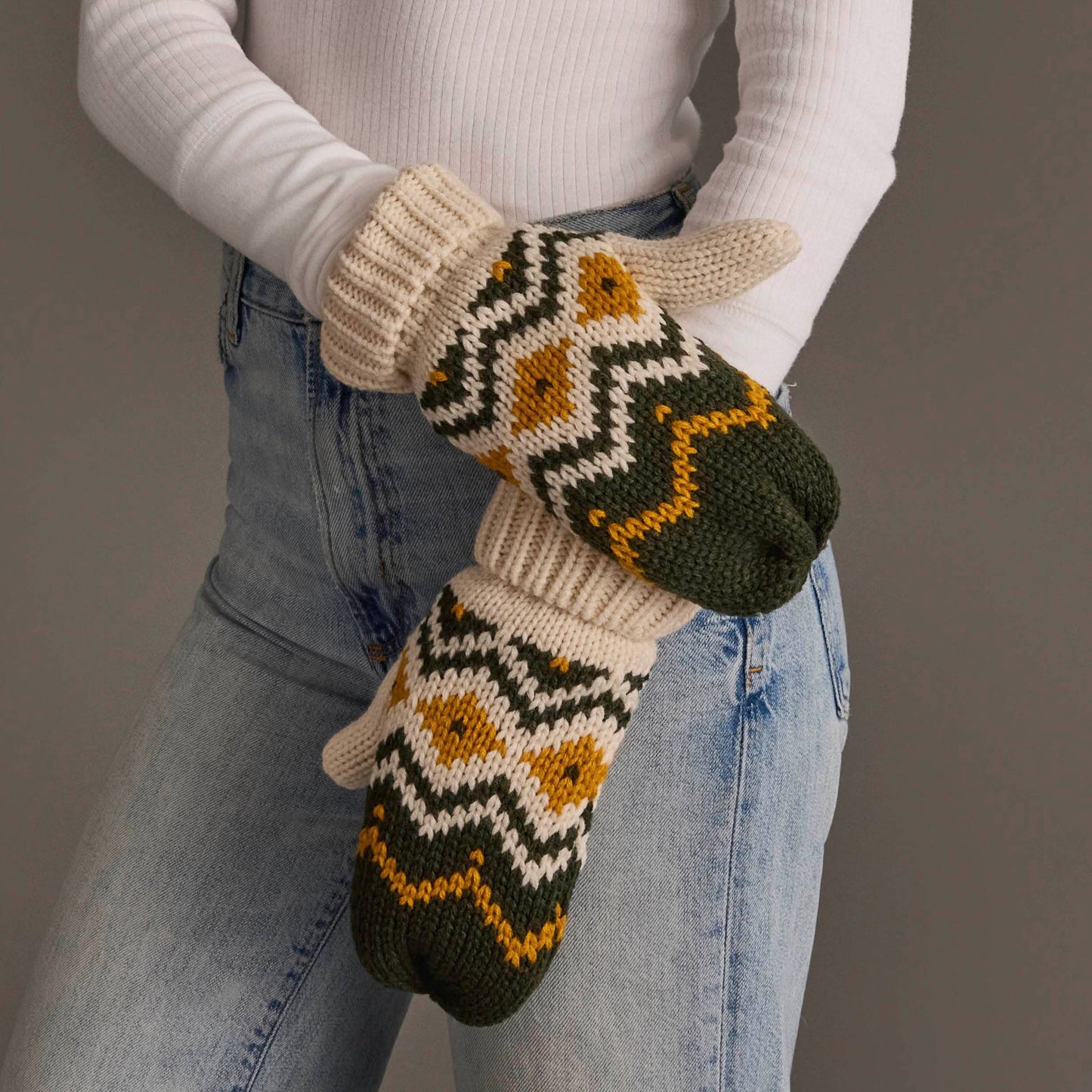 Cream, Olive & Mustard Patterned Mittens