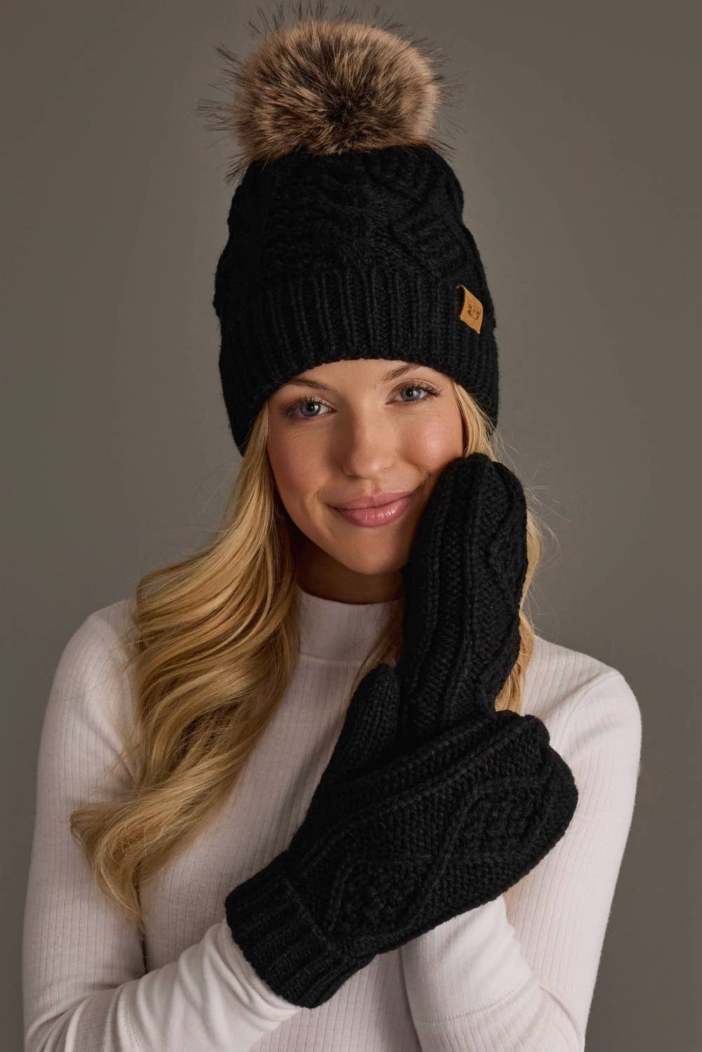 Black Cable Knit Pom Hat