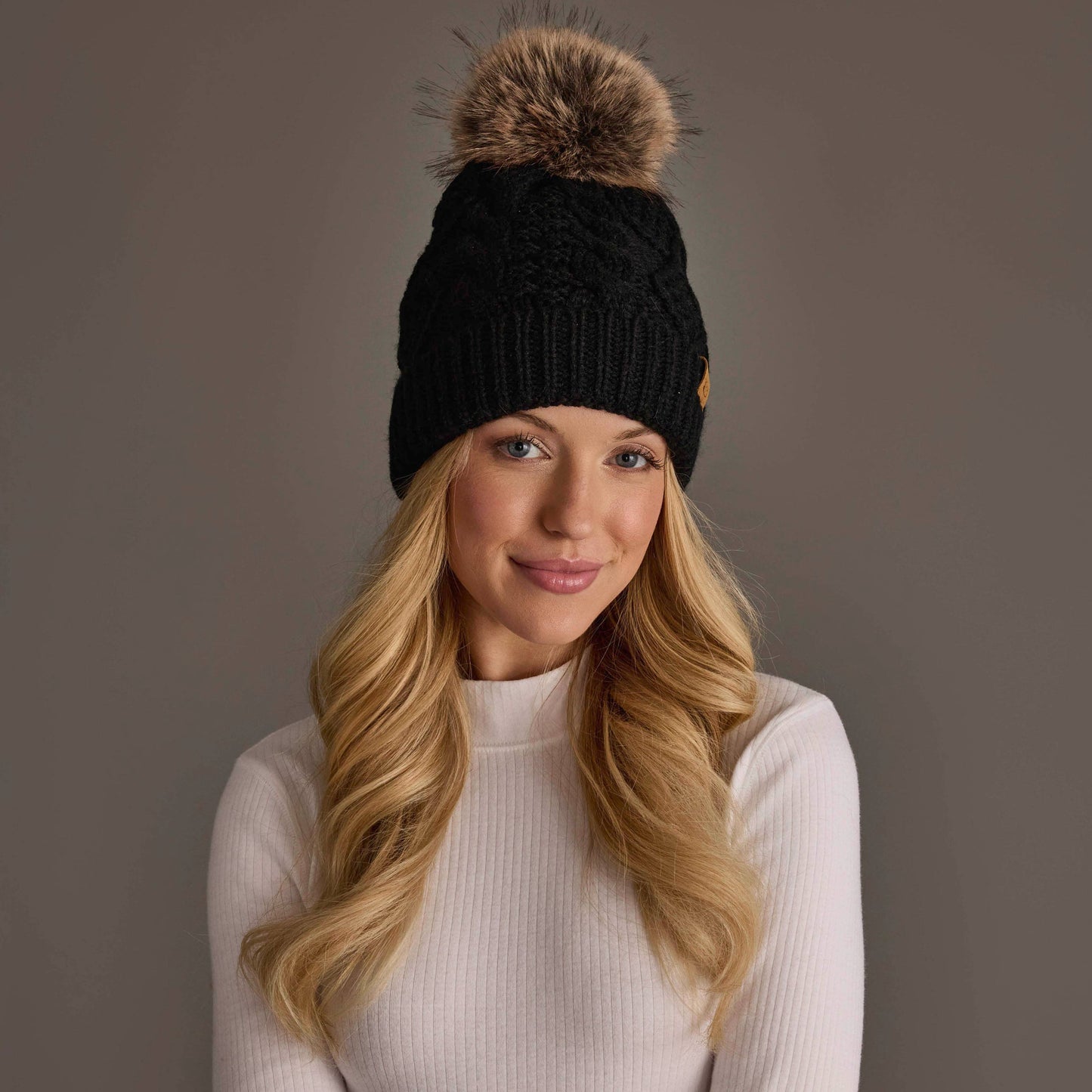 Black Cable Knit Pom Hat