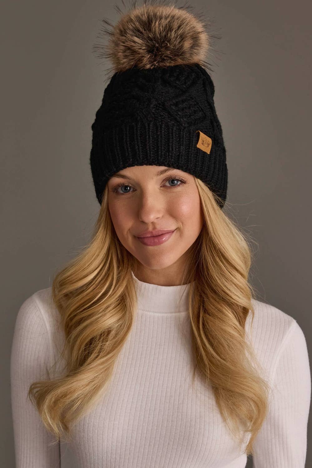 Black Cable Knit Pom Hat