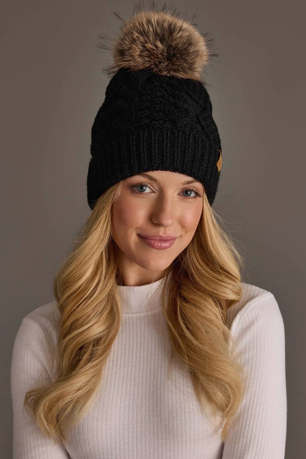 Black Cable Knit Pom Hat