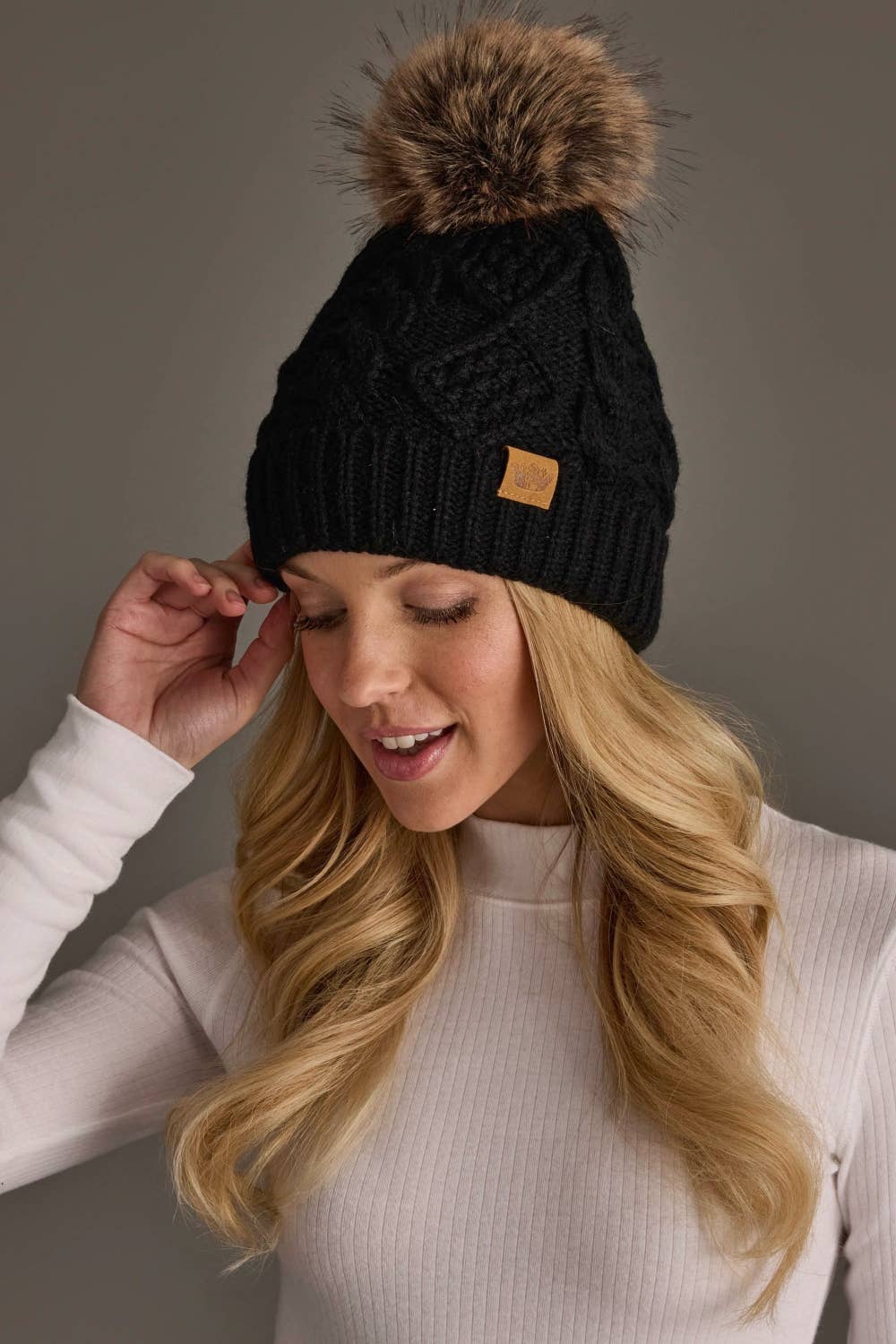 Black Cable Knit Pom Hat
