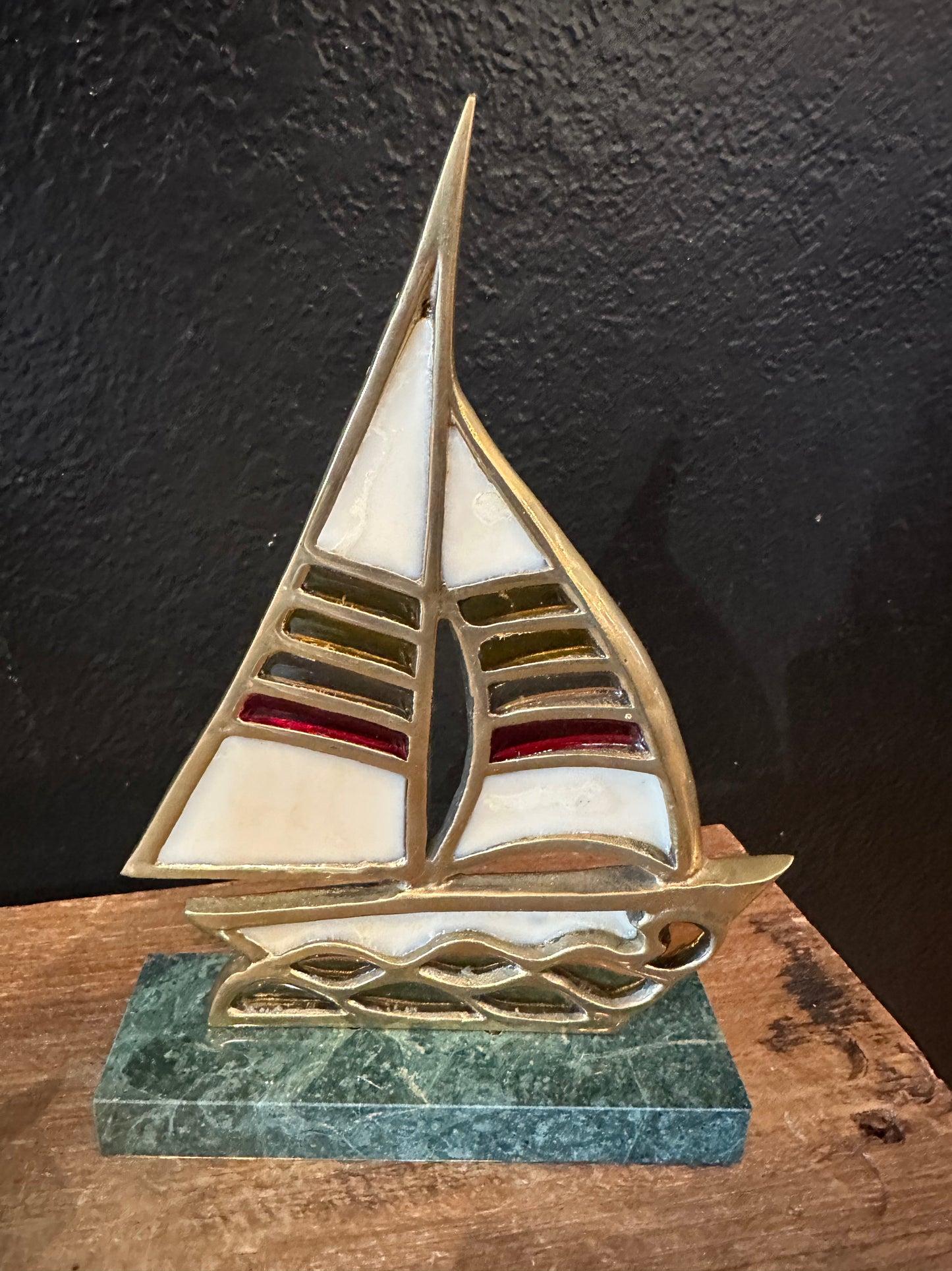 Vintage Brass & Leaded Glass Sailboat | Marble Base
