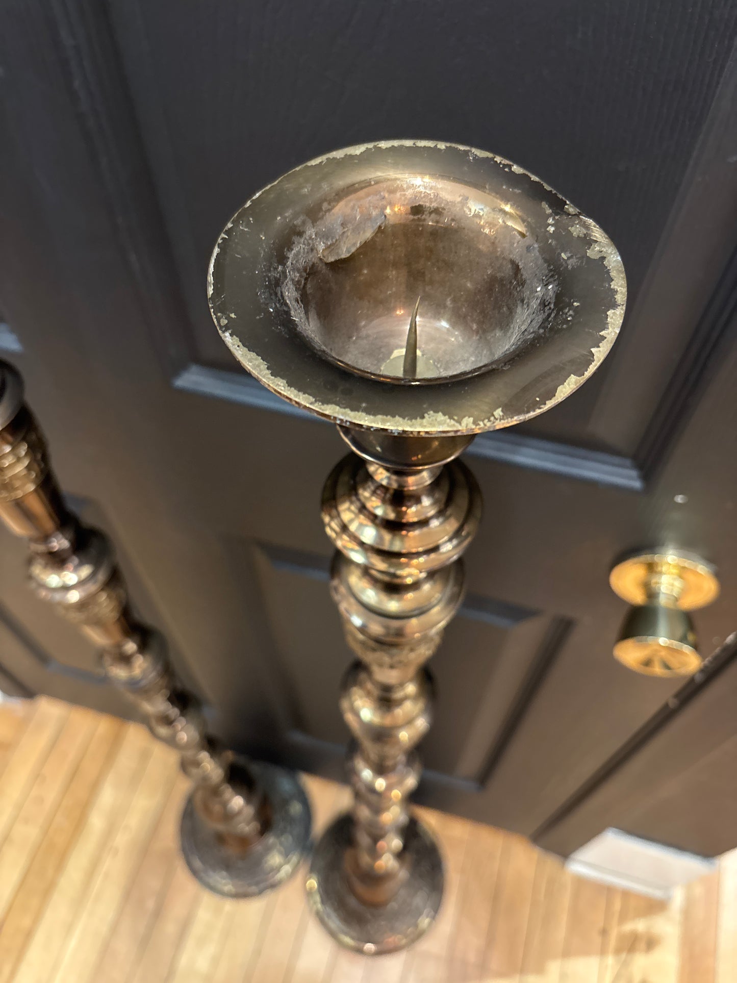 Taotie Brass Floor Candlesticks | Pair