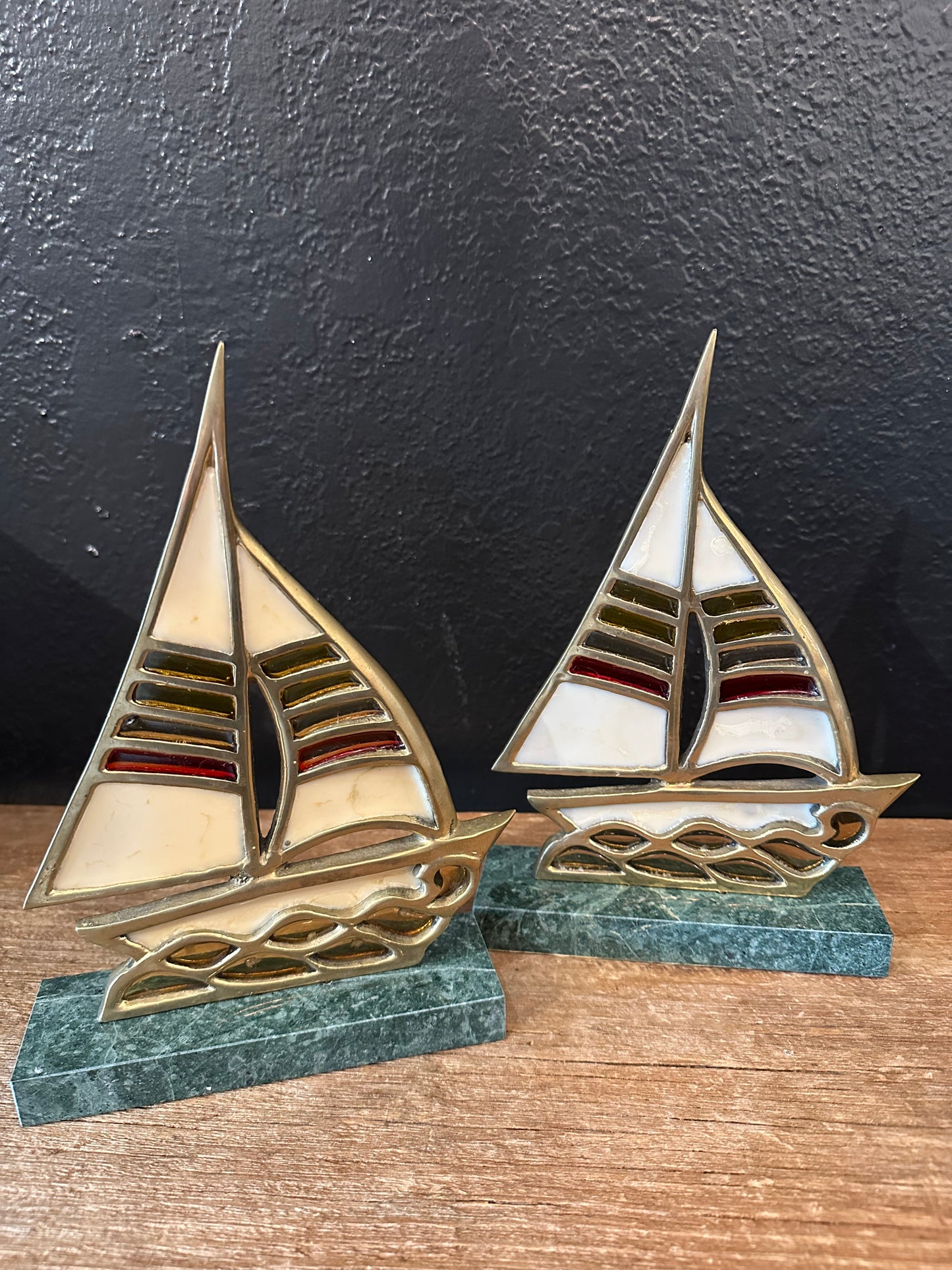 Vintage Brass & Leaded Glass Sailboat | Marble Base