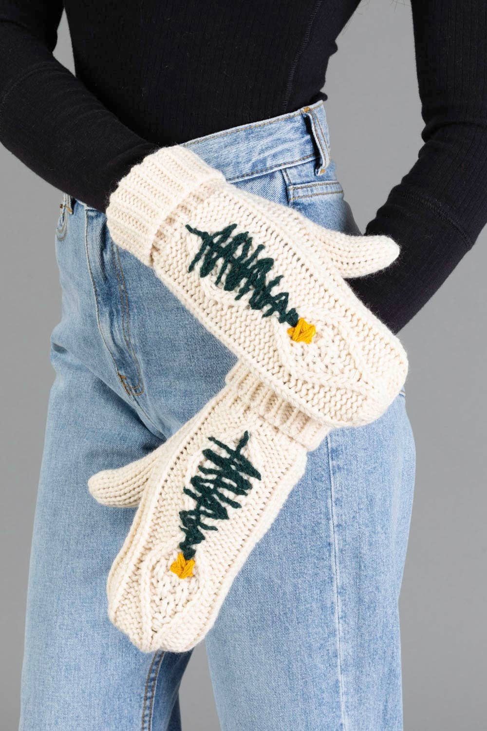 Beige Cable Knit Mittens w/ Embroidered Tree