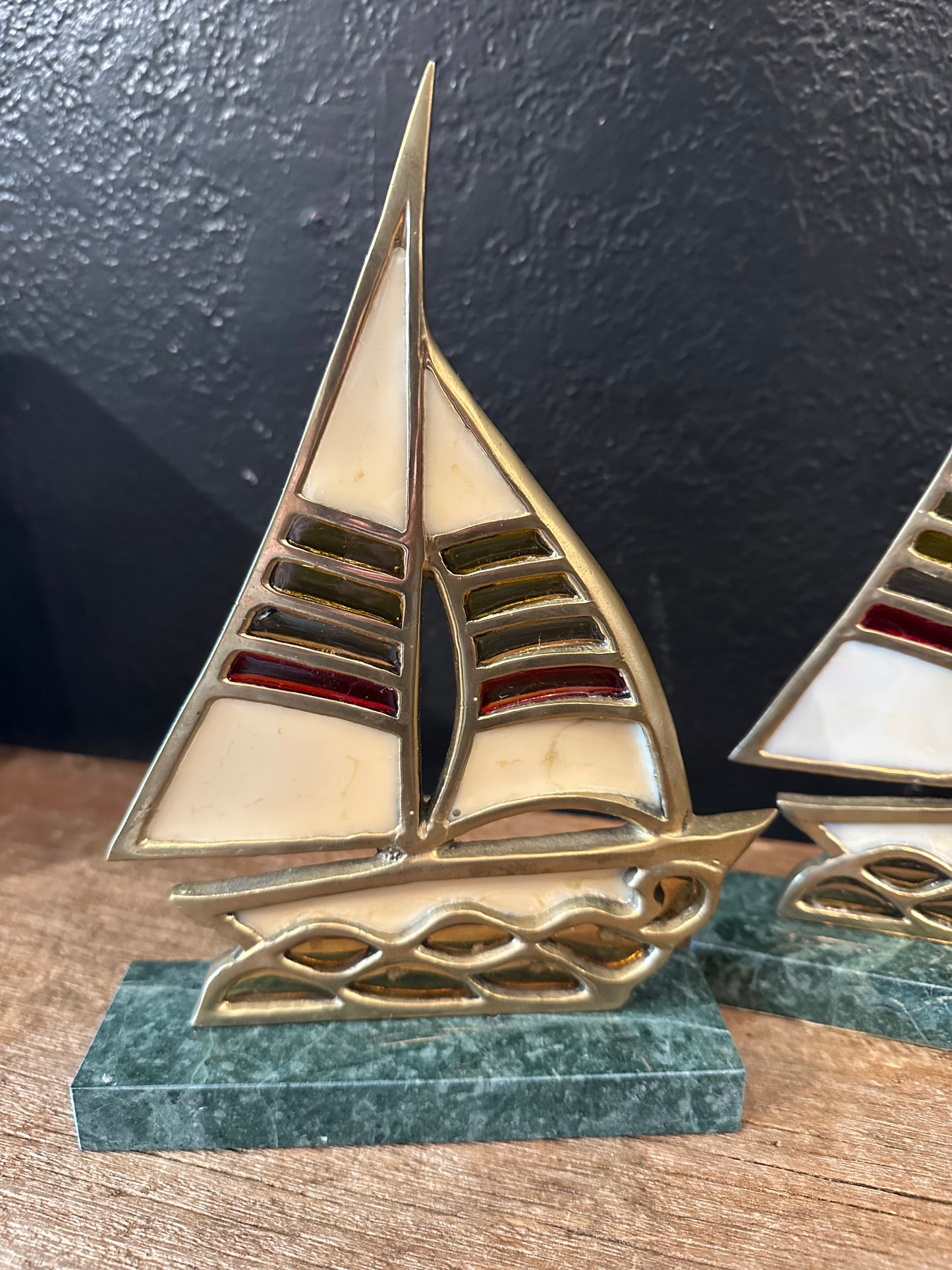 Vintage Brass & Leaded Glass Sailboat | Marble Base