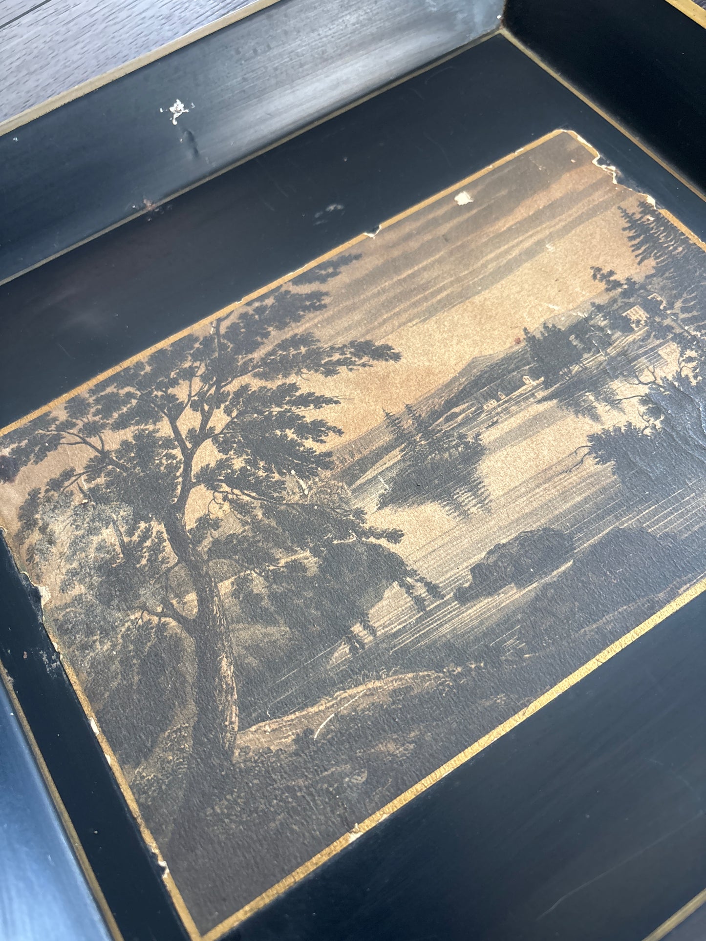 Vintage Landscape Print Mounted on Black Metal Frame