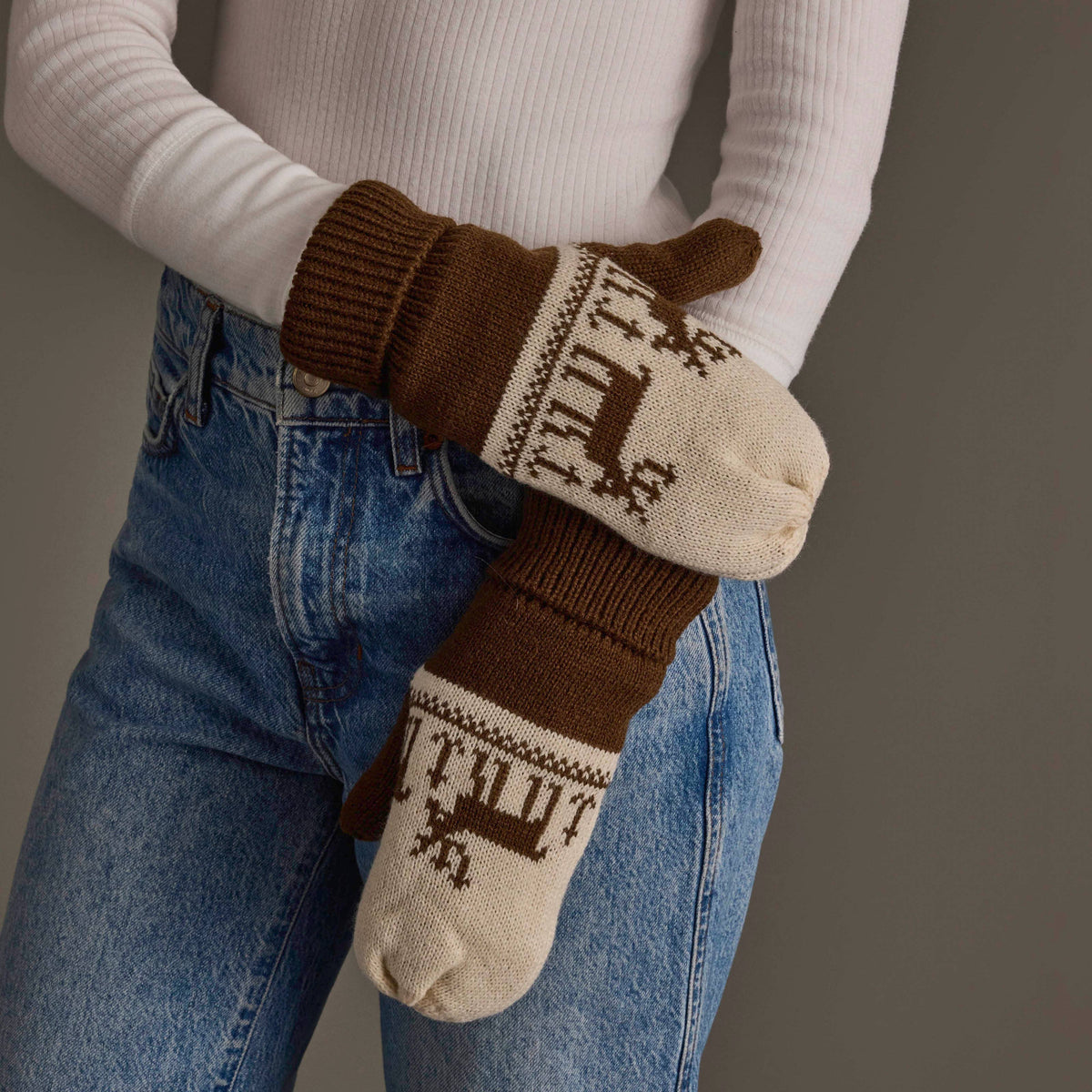 Brown & Beige Deer Patterned Mittens