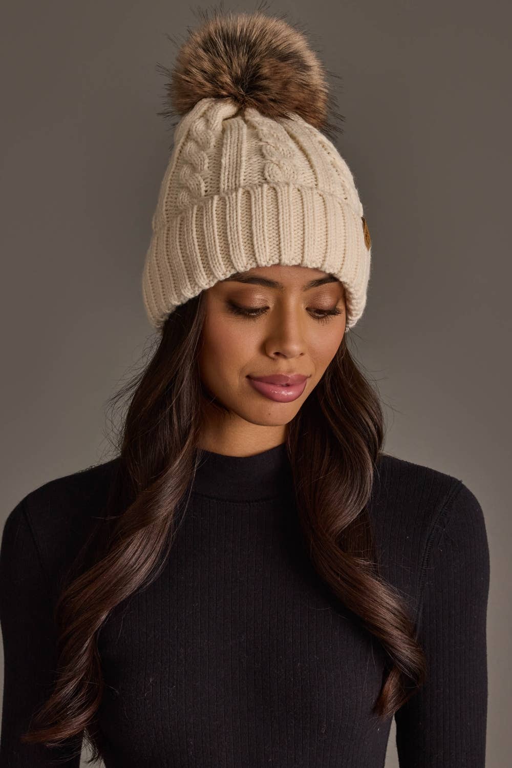 Cream Cable Knit Pom Hat