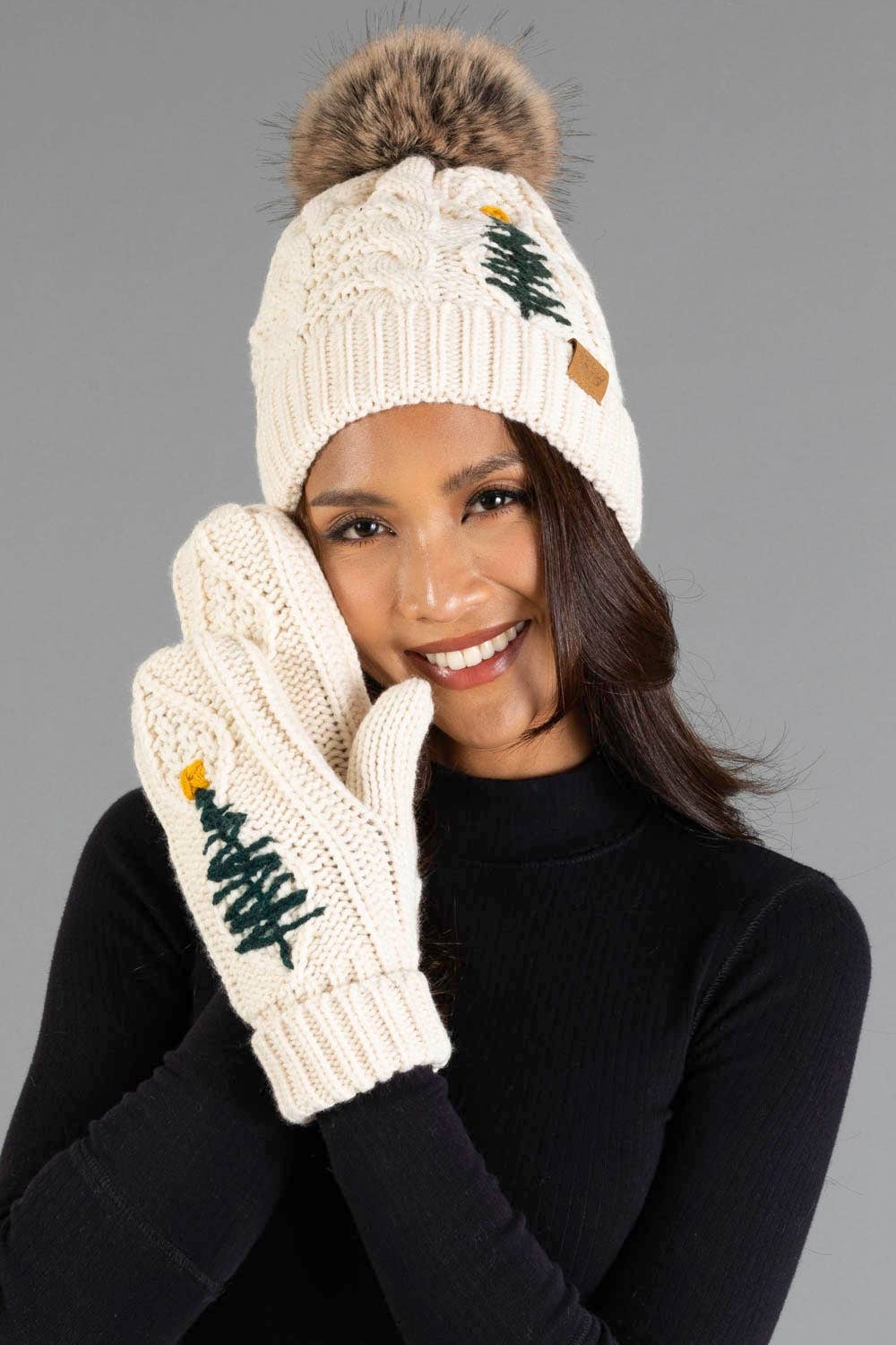 Beige Cable Knit Mittens w/ Embroidered Tree