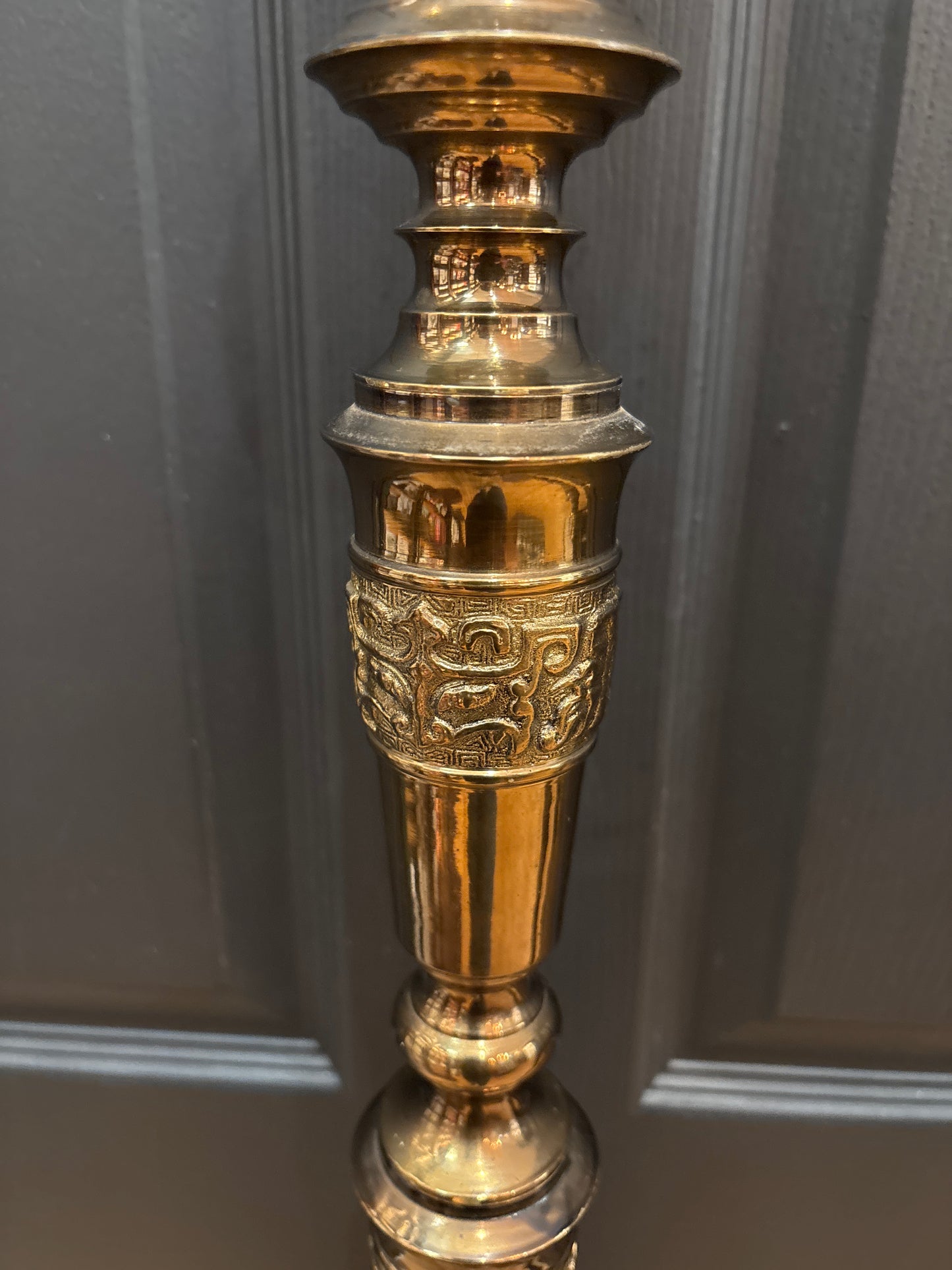 Taotie Brass Floor Candlesticks | Pair