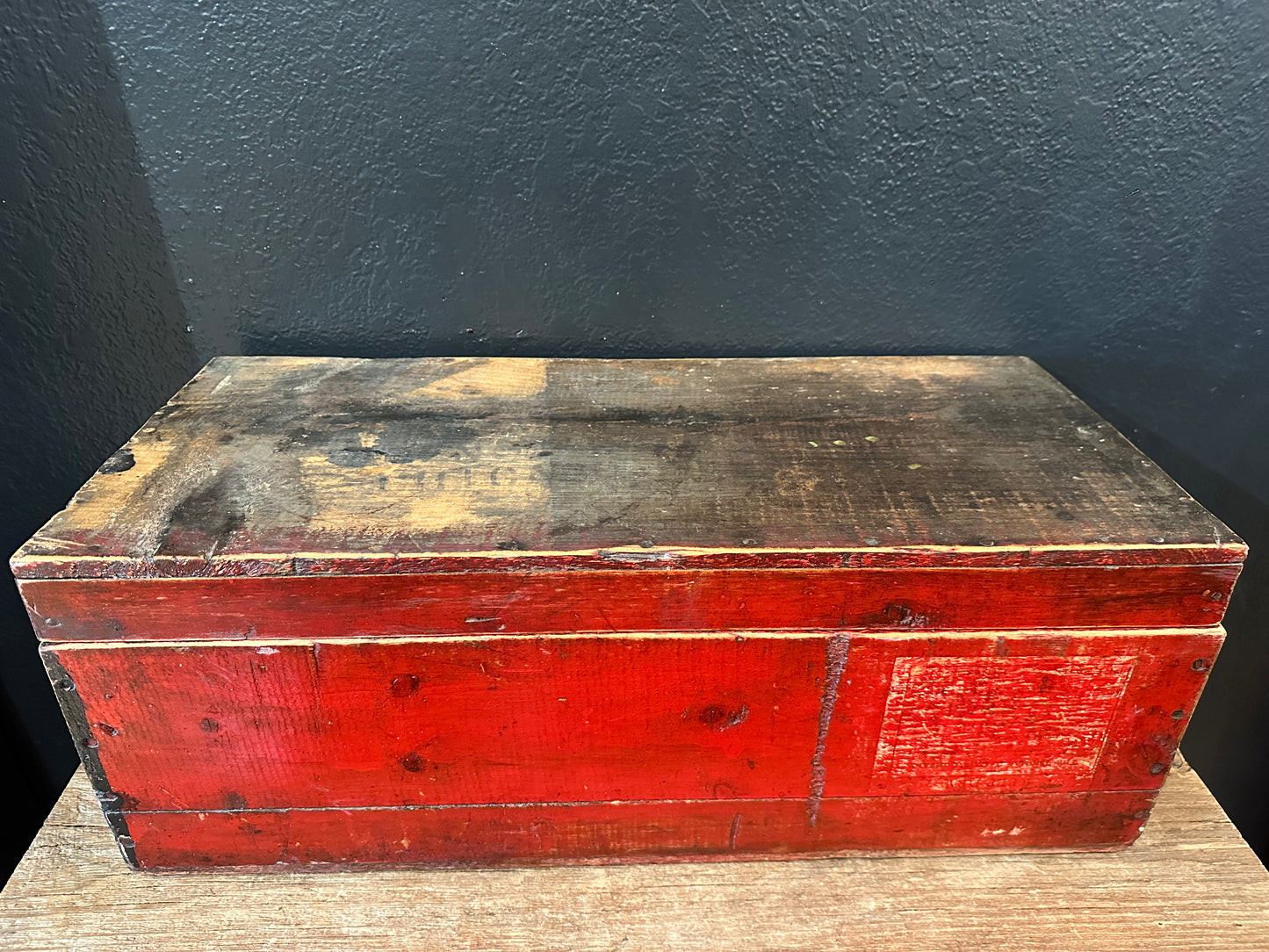 Primitive Handmade Wooden Box | Red Accents