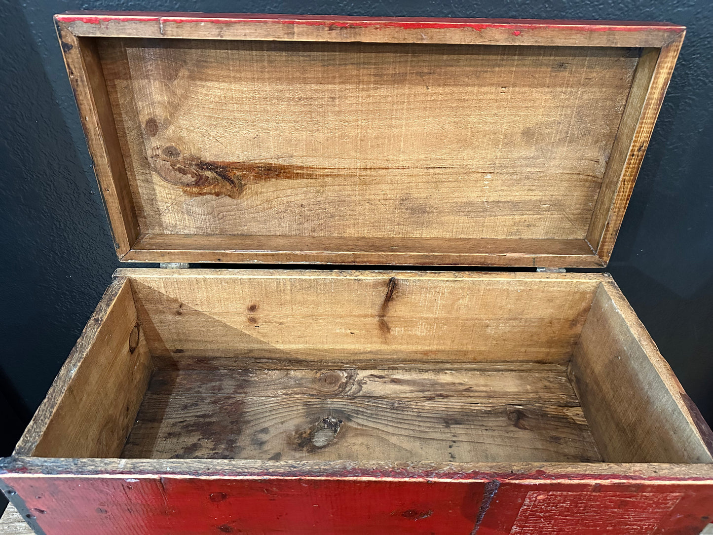 Primitive Handmade Wooden Box | Red Accents