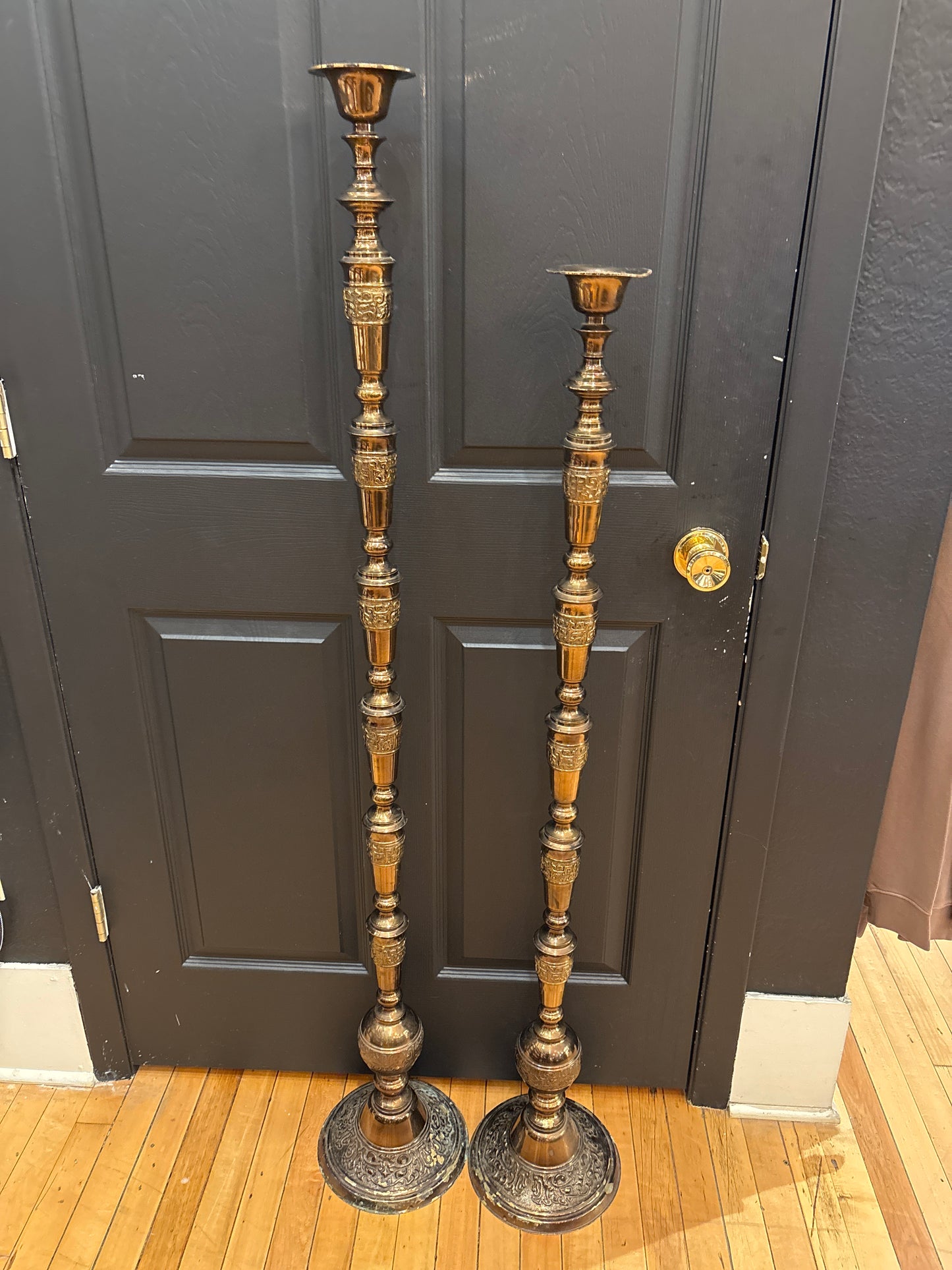Taotie Brass Floor Candlesticks | Pair