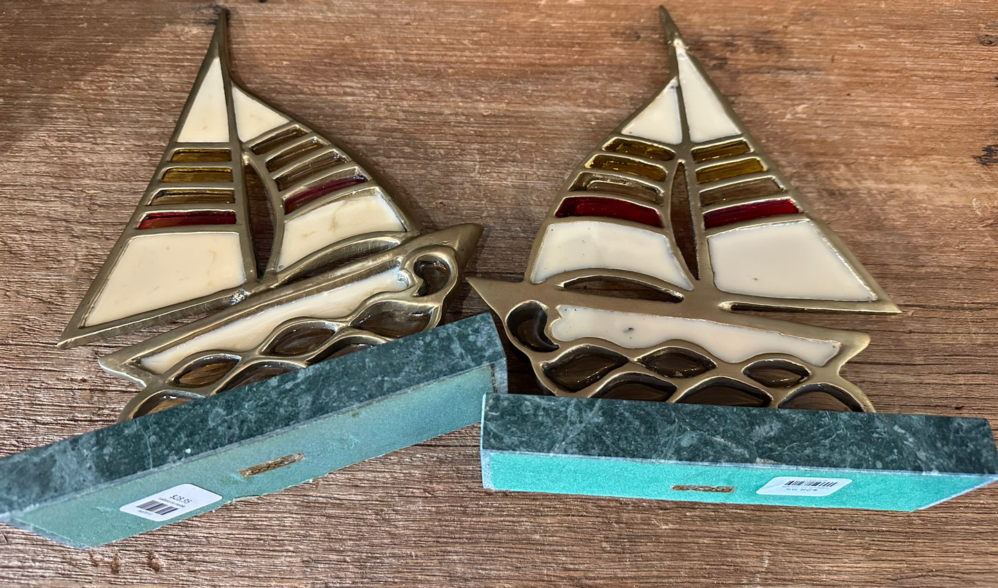Vintage Brass & Leaded Glass Sailboat | Marble Base