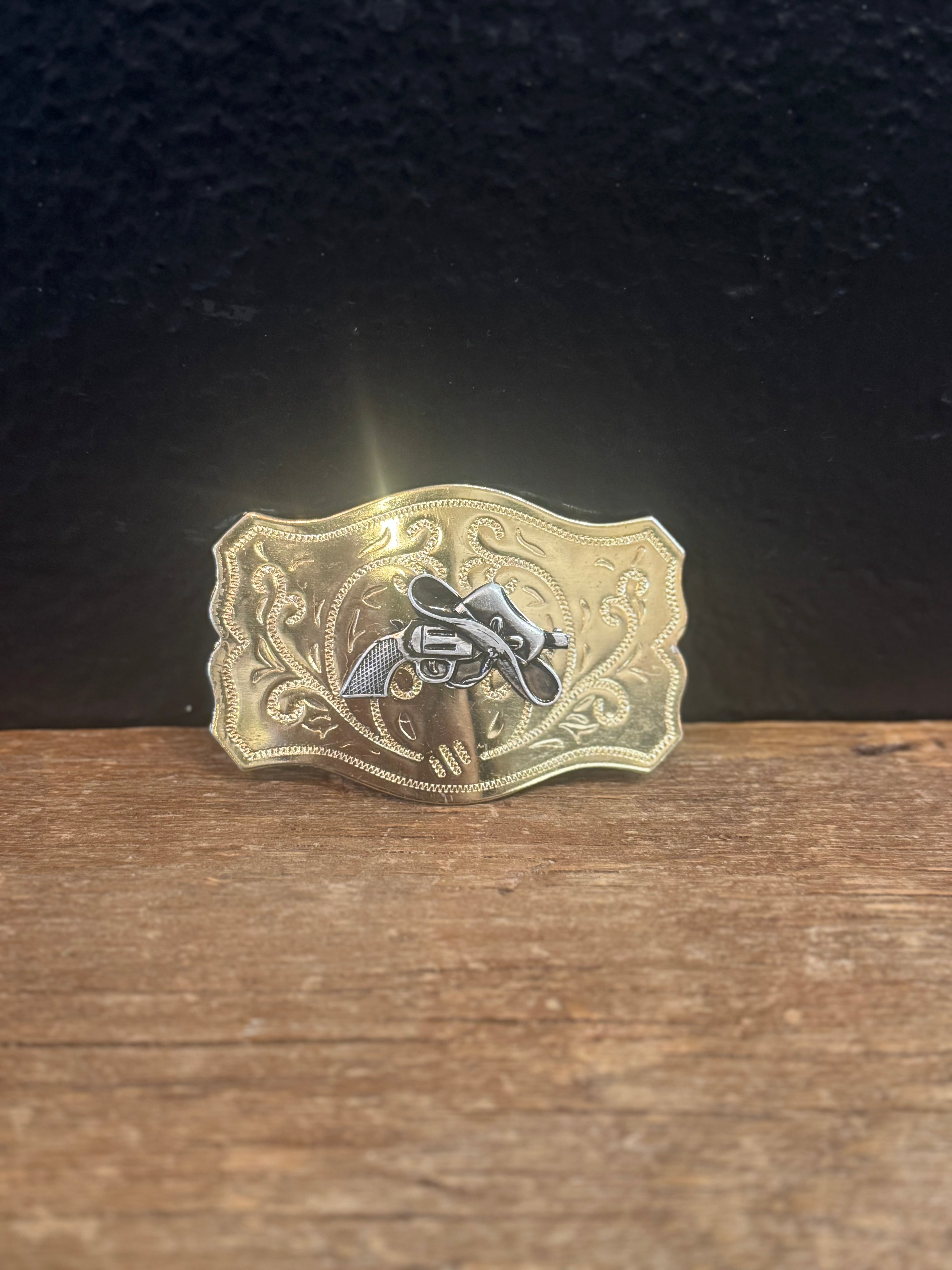 Cowboy Hat & Revolver Gold Belt Buckle