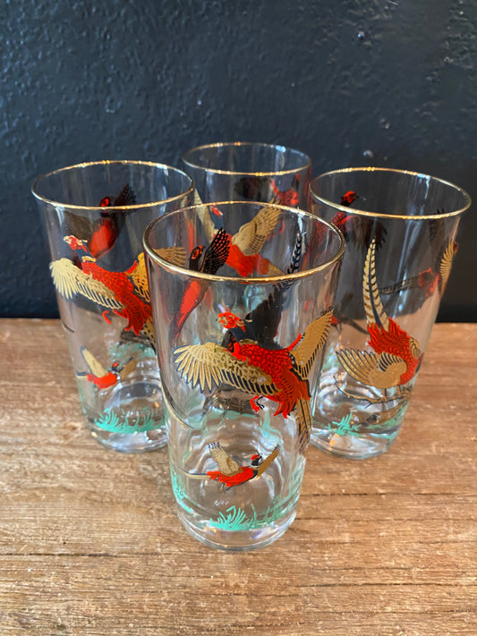 Pheasant Highball Glasses With Gold Accents | Set Of Four