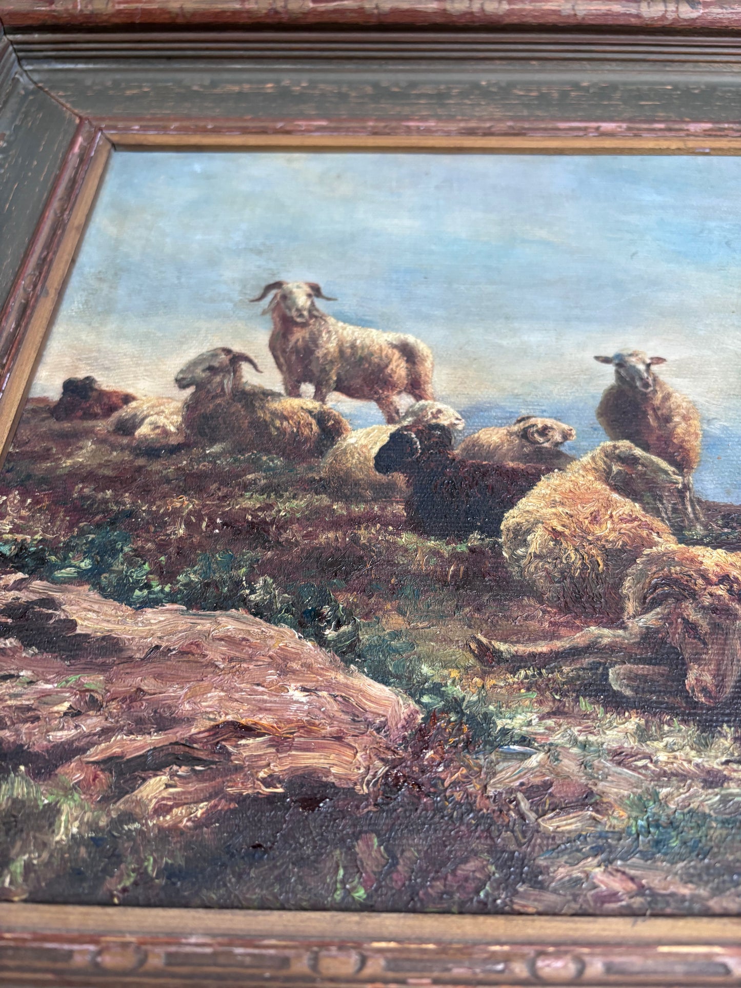 Antique Original Oil Painting | Highland Sheep on Hillside