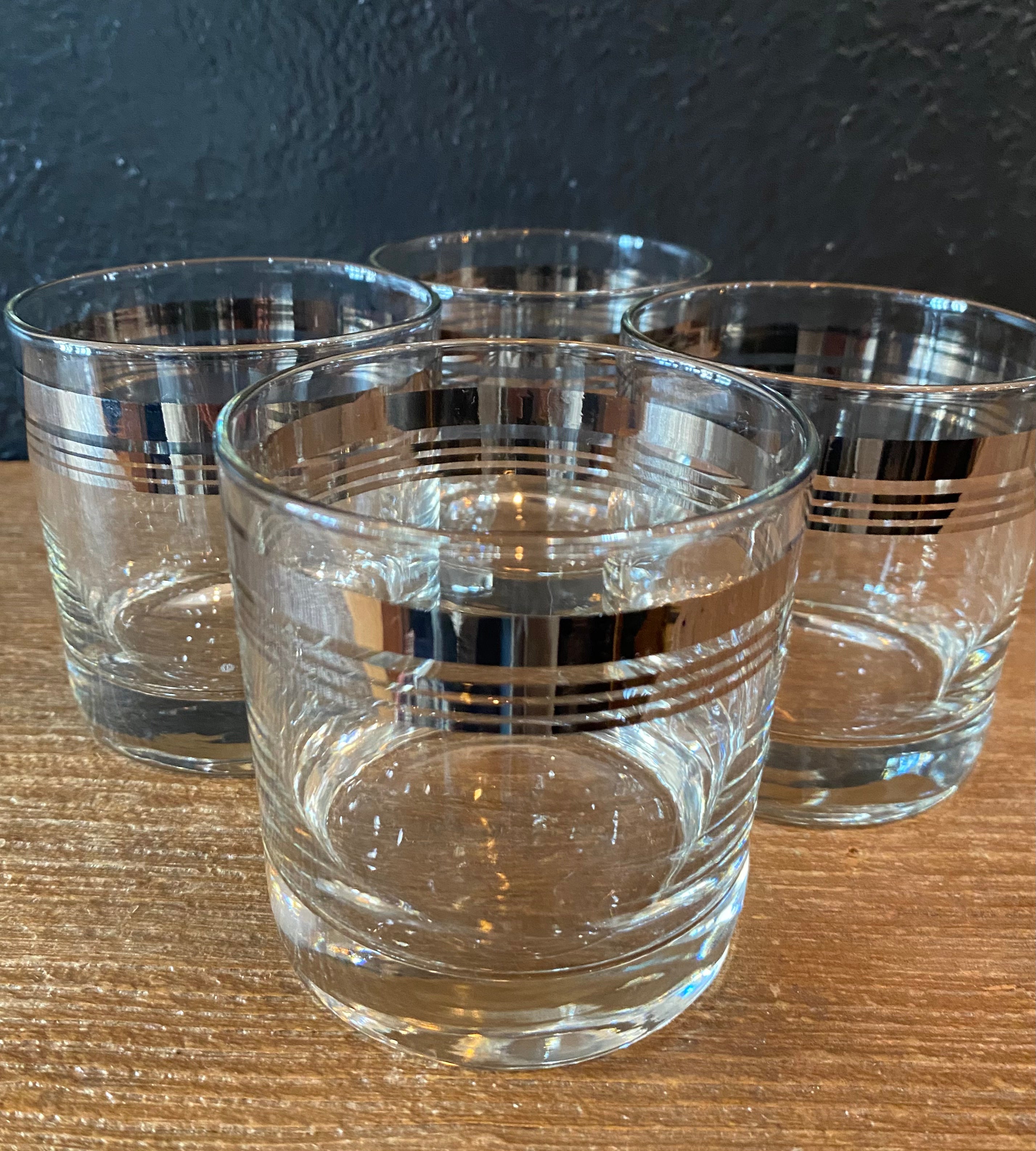 Vintage Silver Striped Rocks Glasses | Set Of Four