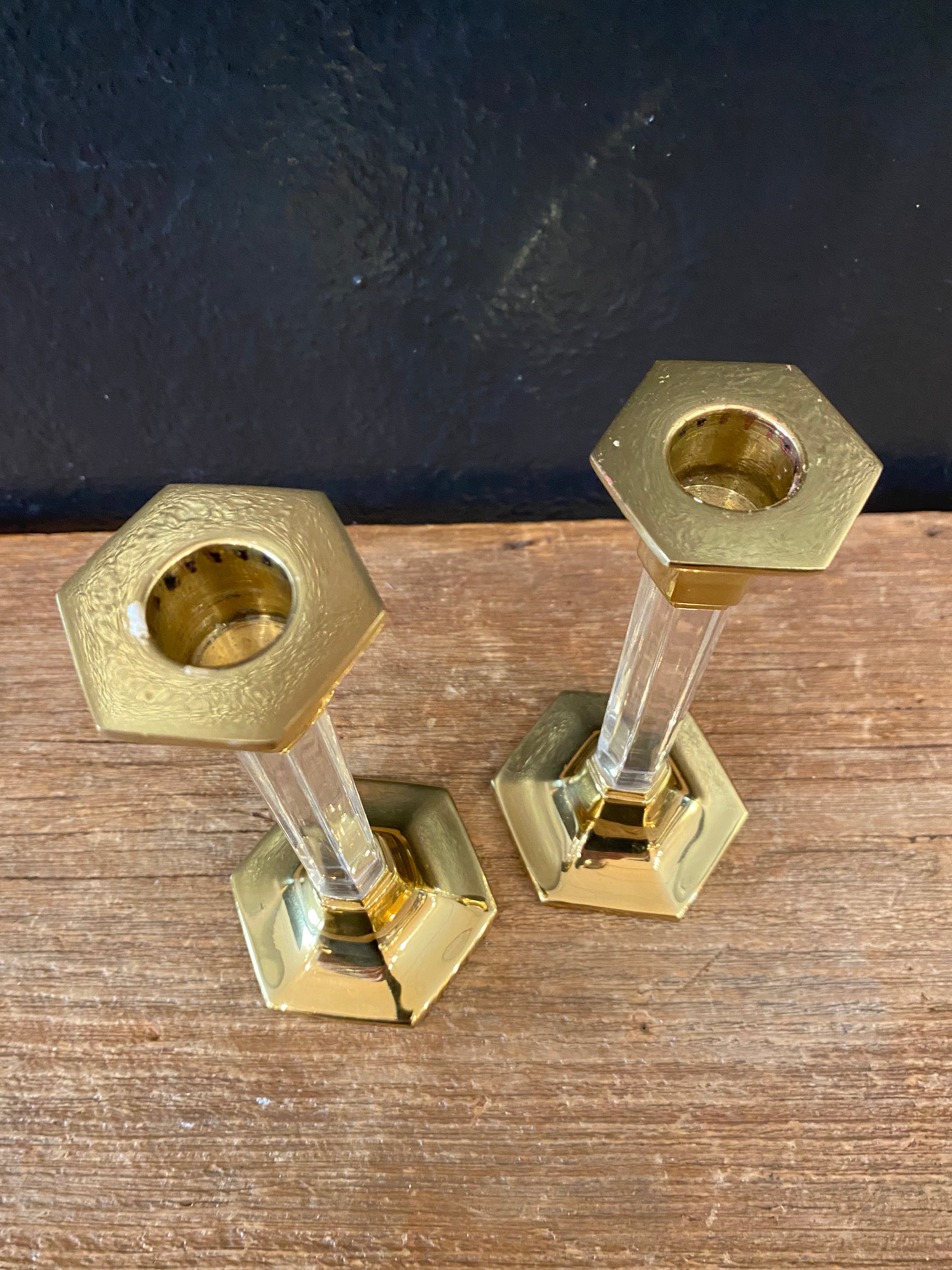 Pair Of Acrylic & Brass Candlesticks