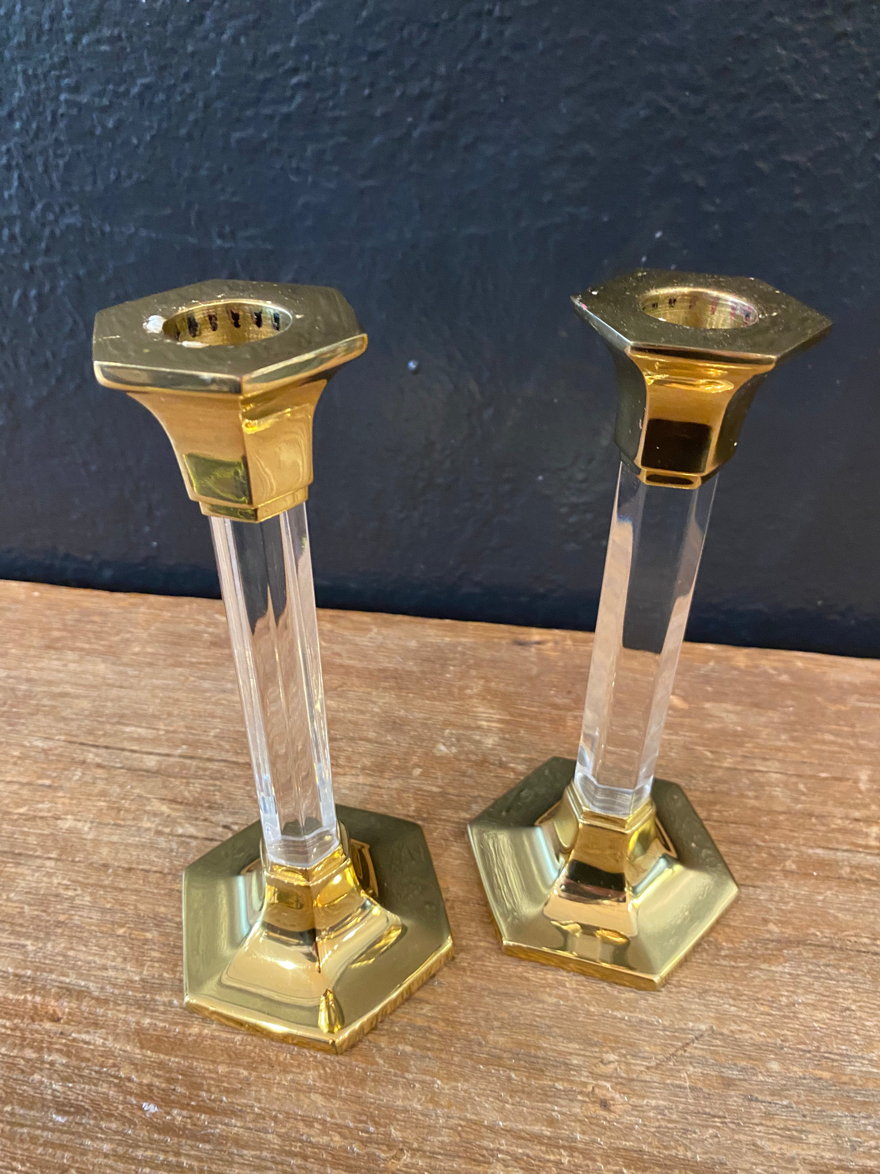 Pair Of Acrylic & Brass Candlesticks