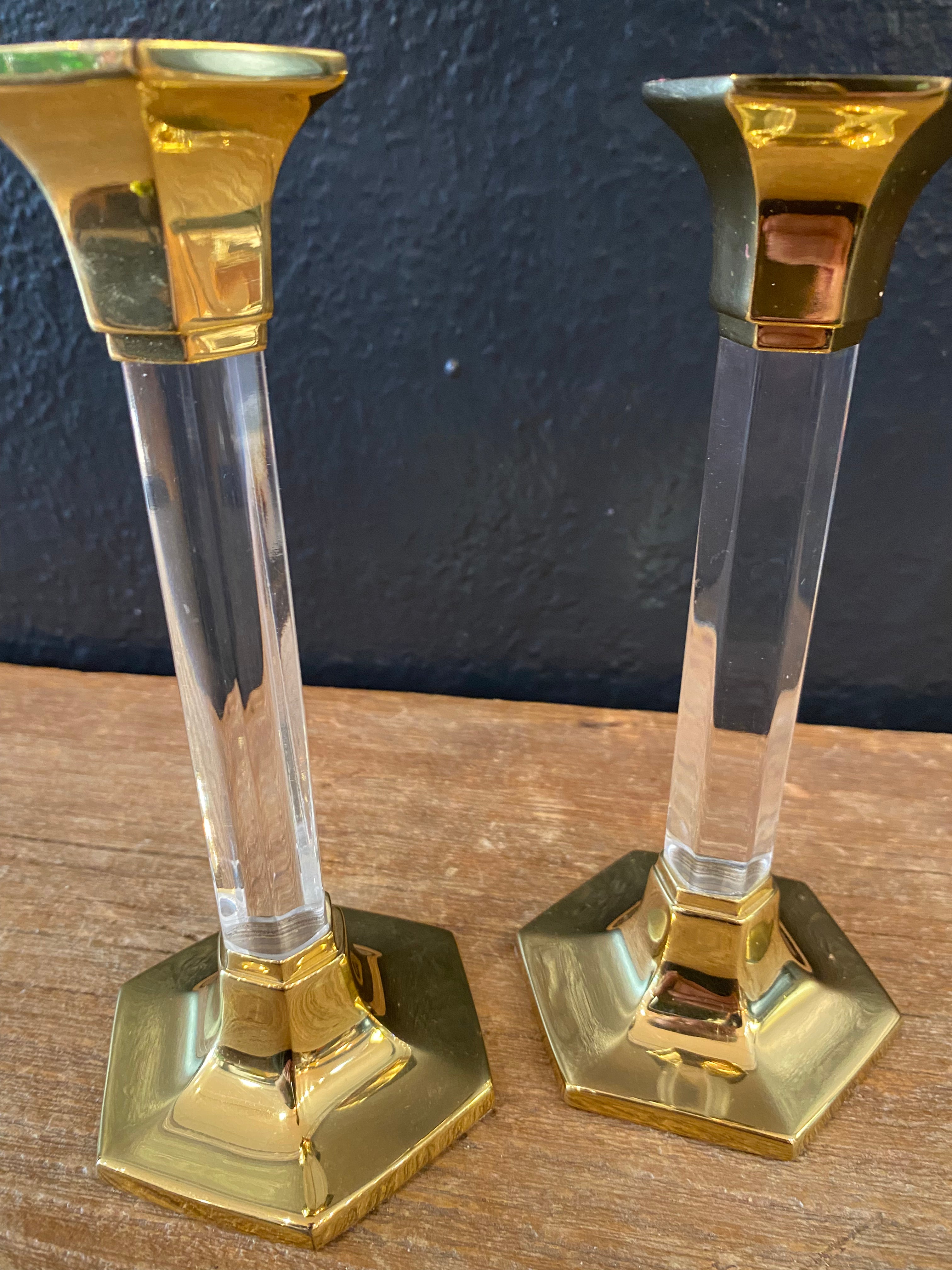 Pair Of Acrylic & Brass Candlesticks