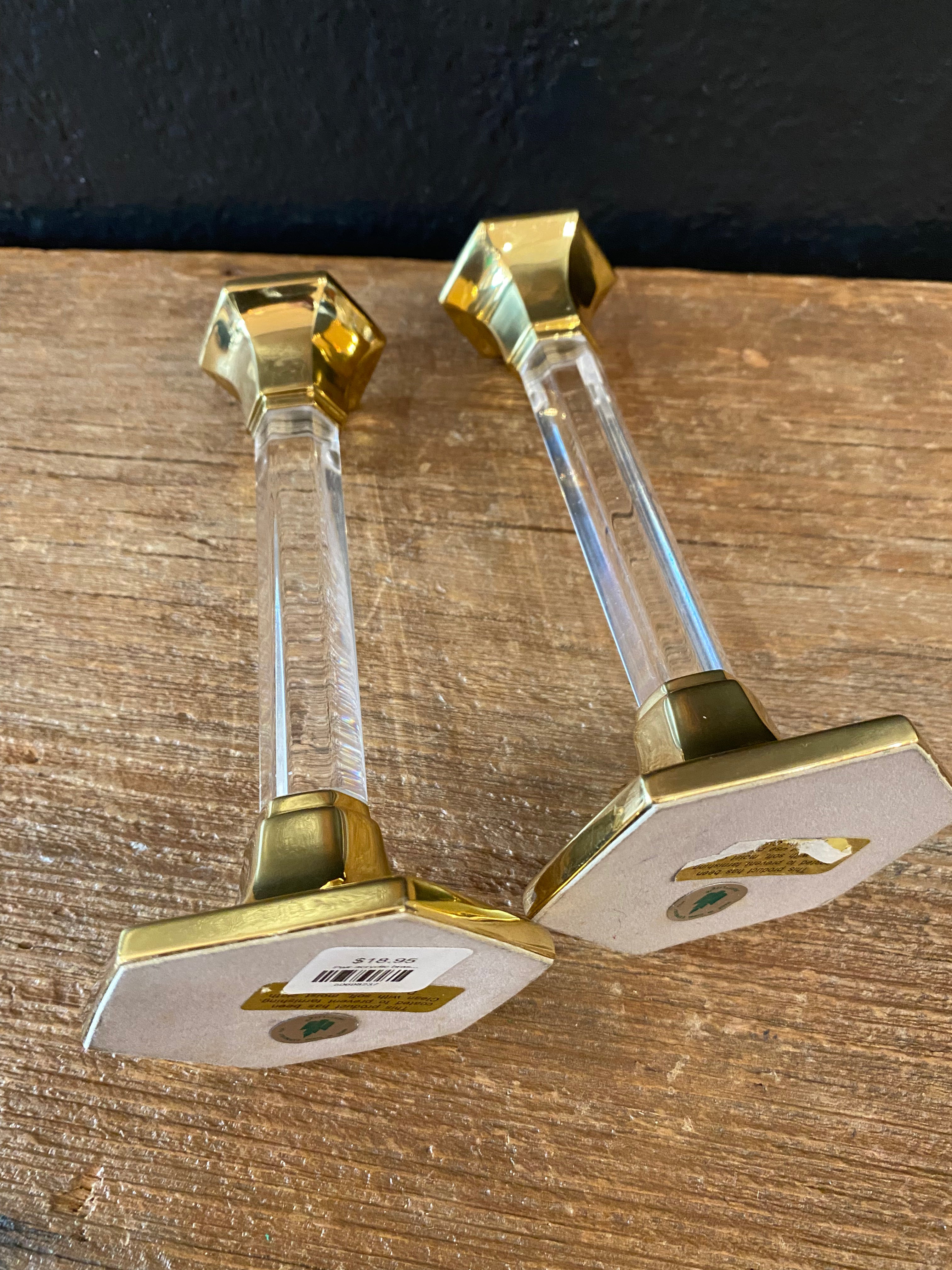 Pair Of Acrylic & Brass Candlesticks