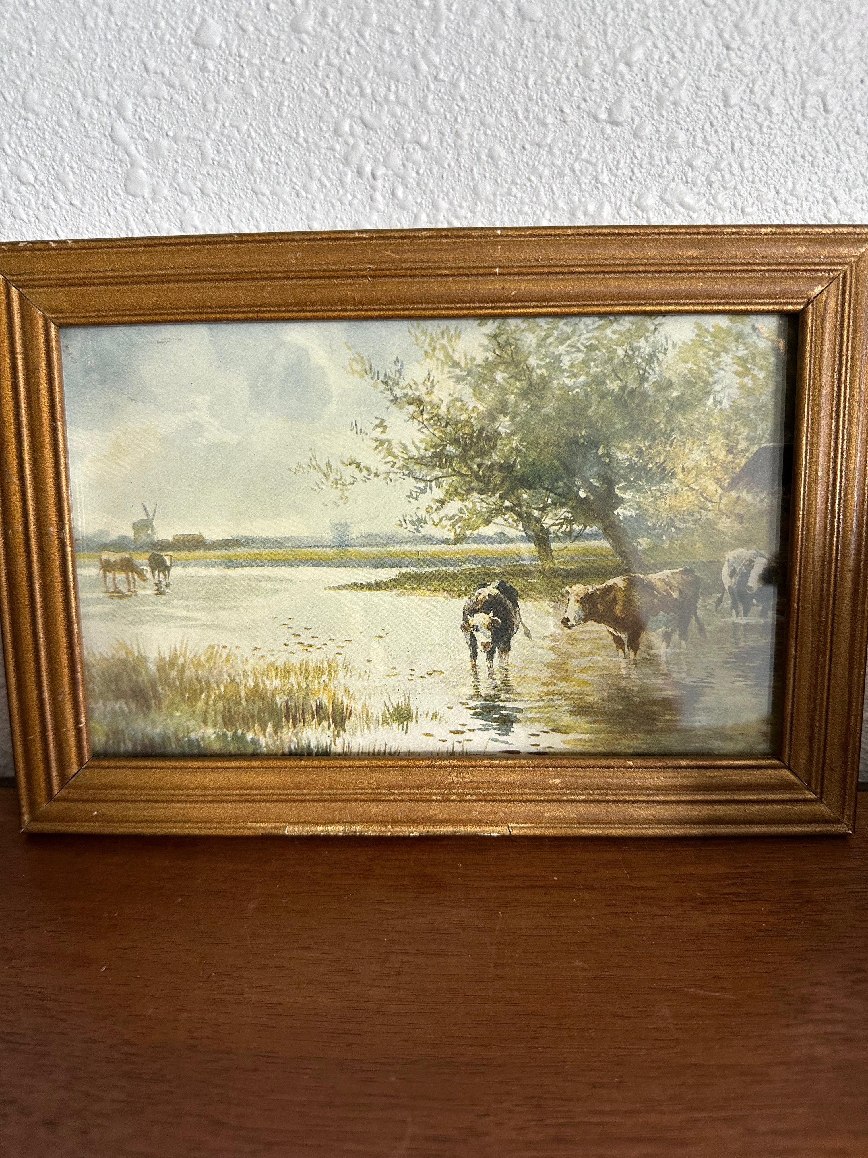Antique Cow Print in Gold Frame