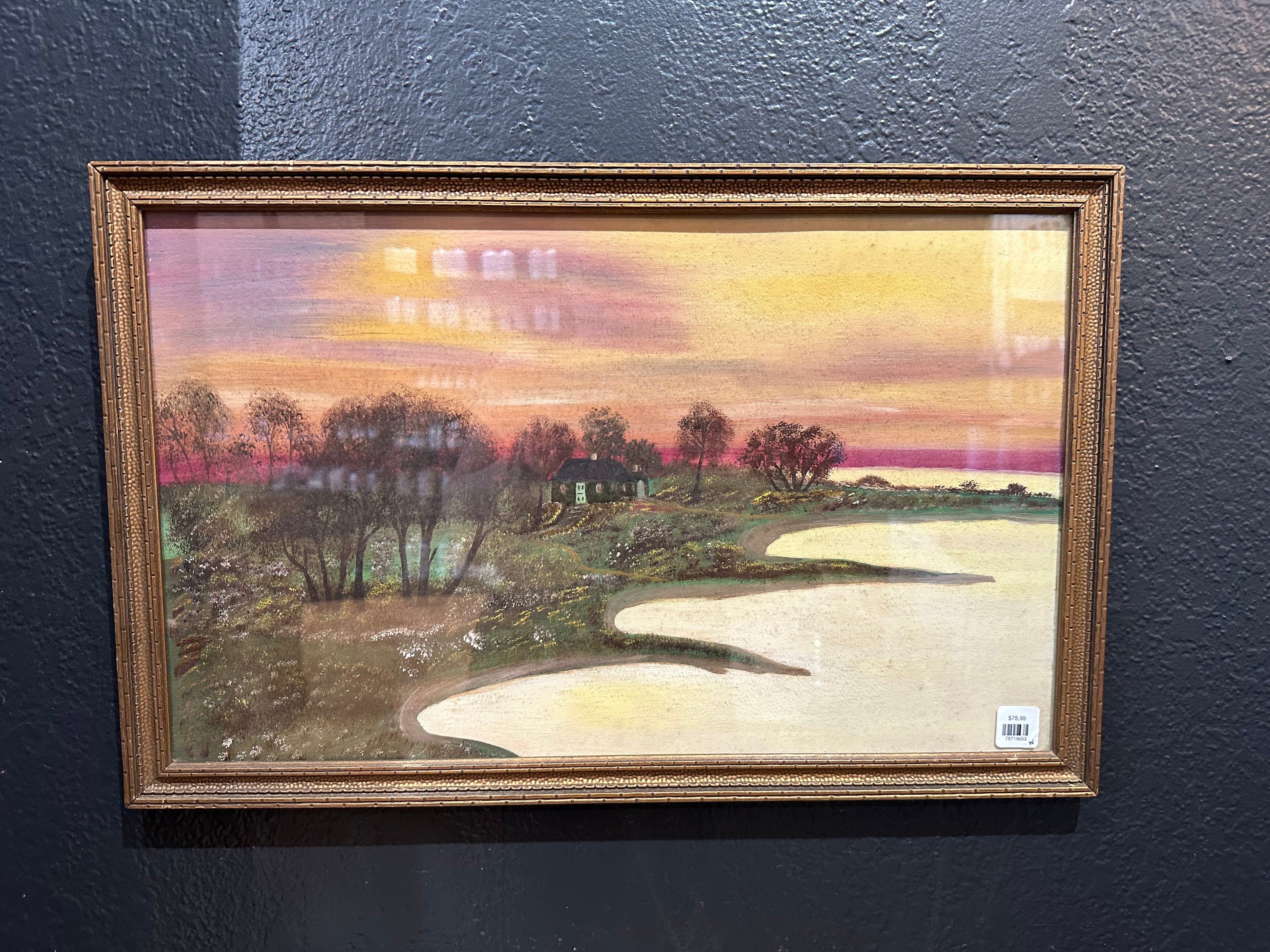 Antique Framed Waterside Painting