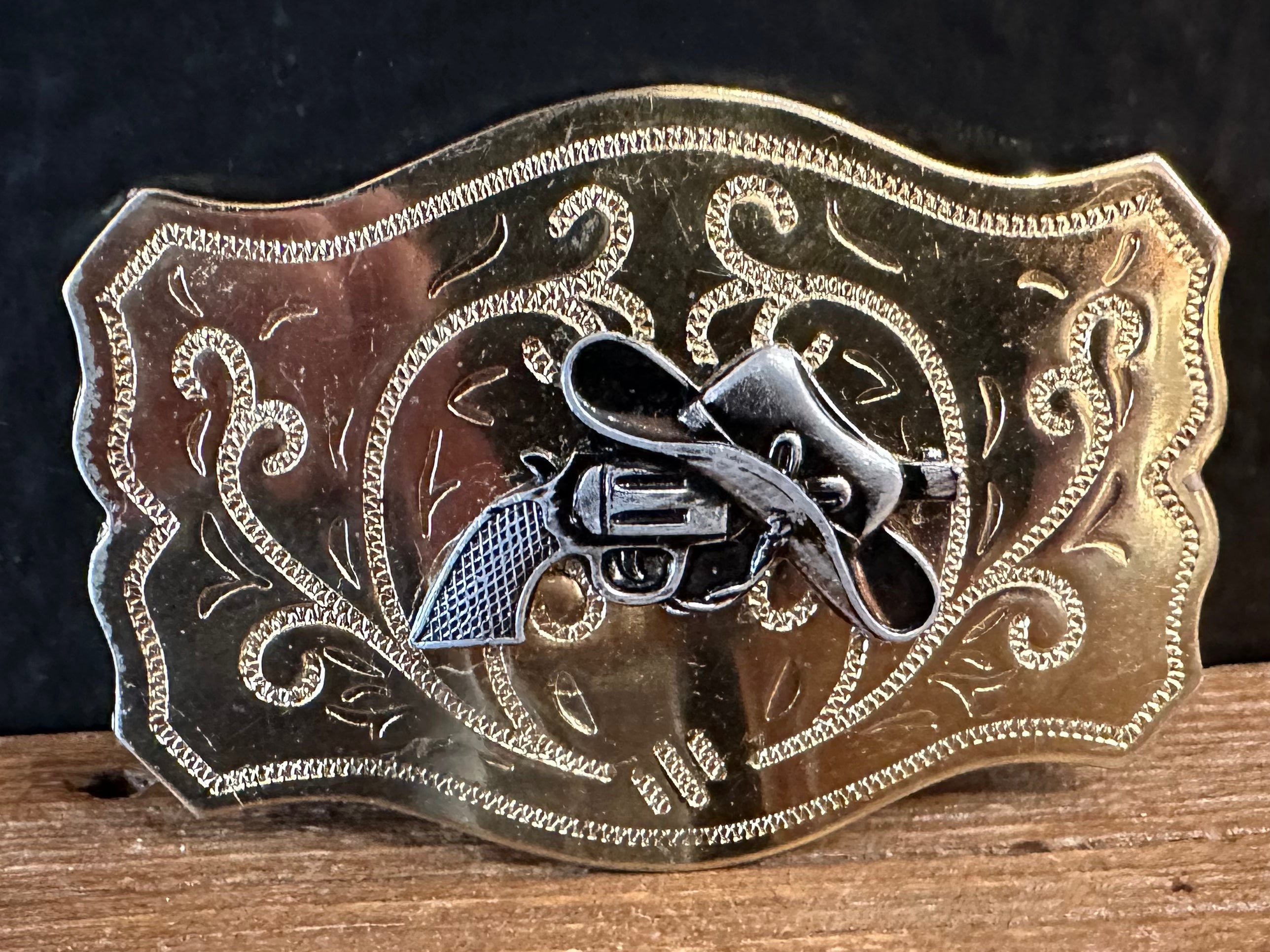 Cowboy Hat & Revolver Gold Belt Buckle