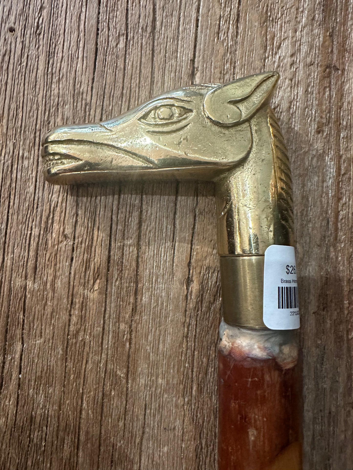 Hand Carved Cane With Brass Horse Handle