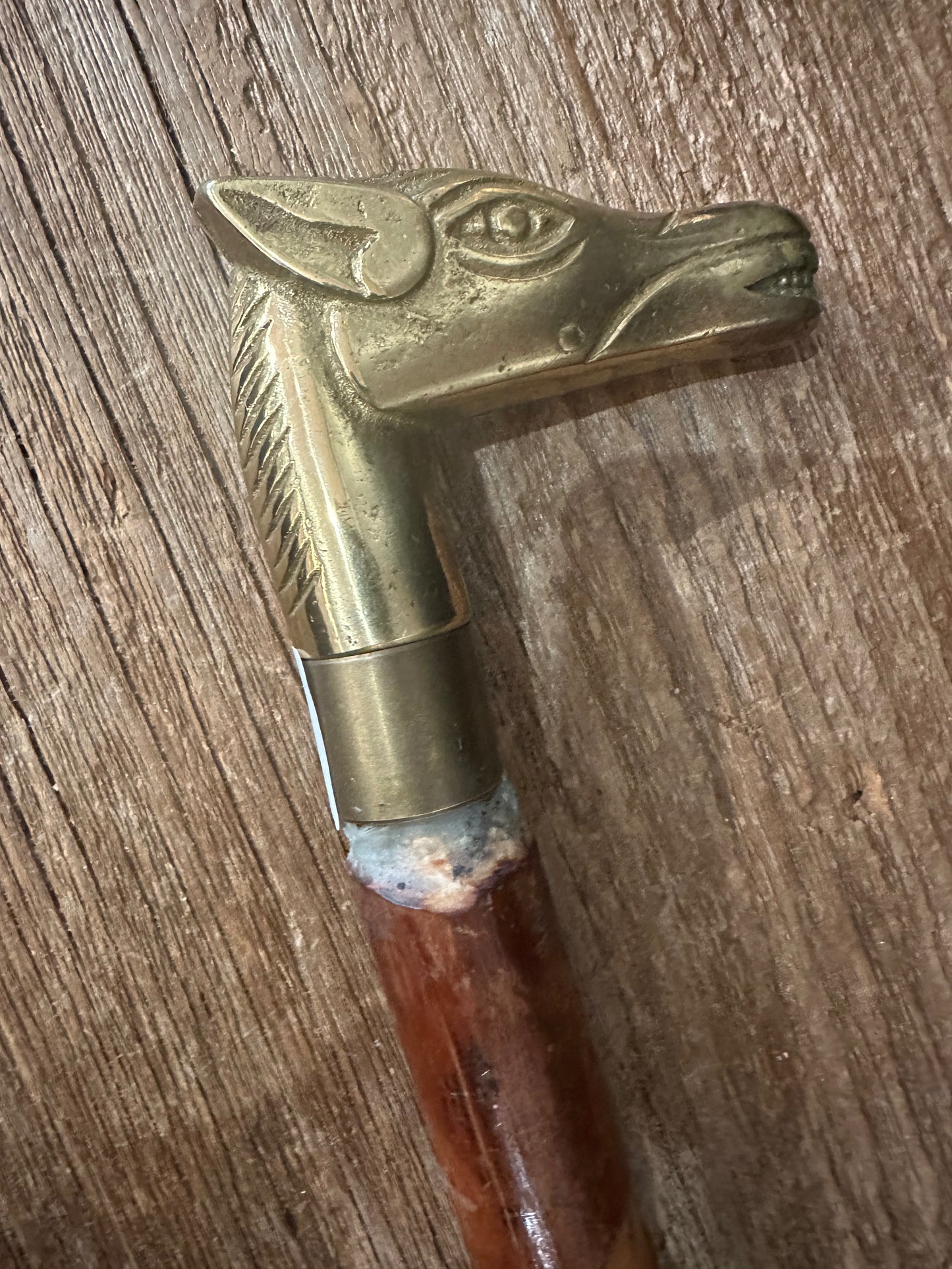 Hand Carved Cane With Brass Horse Handle