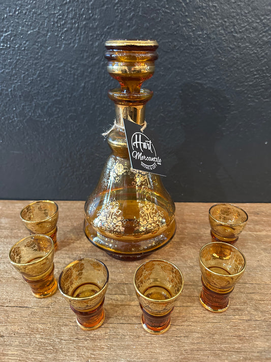 MCM Amber Decanter & Six Shot Glasses | Made In Italy