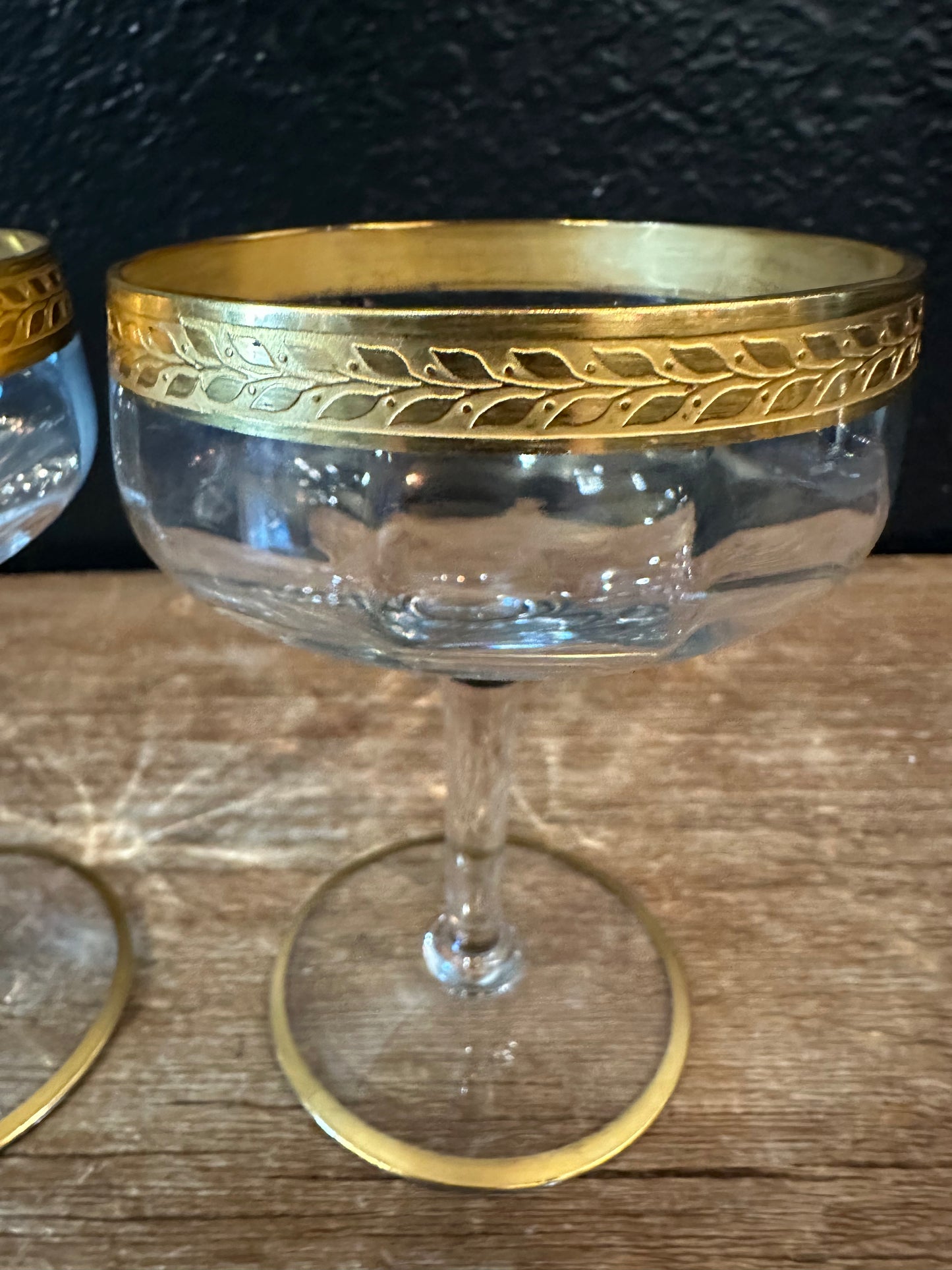 Vintage 24K Gold Rimmed Champagne Coupe Glasses | Pair