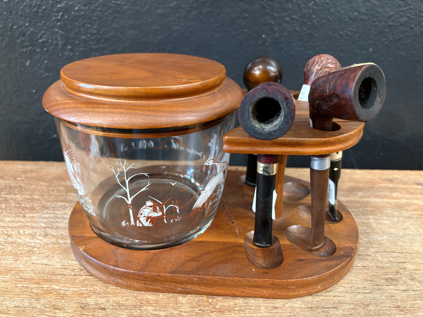 Vintage Pipe Stand With Pheasant Themed Glass Humidor