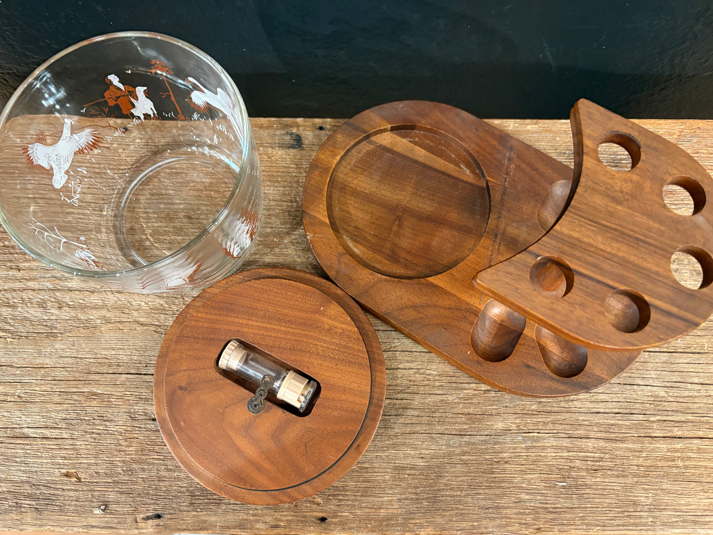 Vintage Pipe Stand With Pheasant Themed Glass Humidor