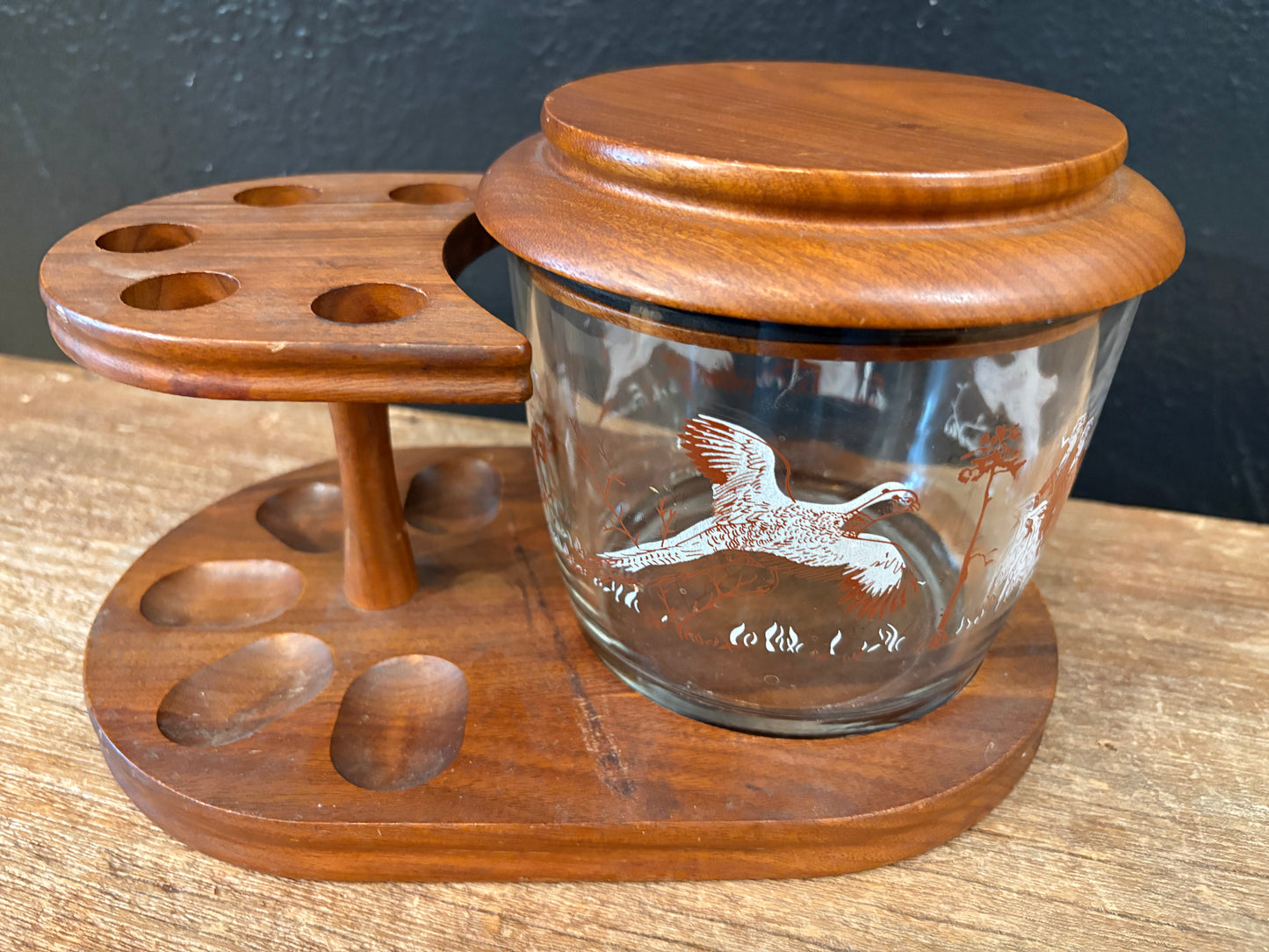 Vintage Pipe Stand With Pheasant Themed Glass Humidor